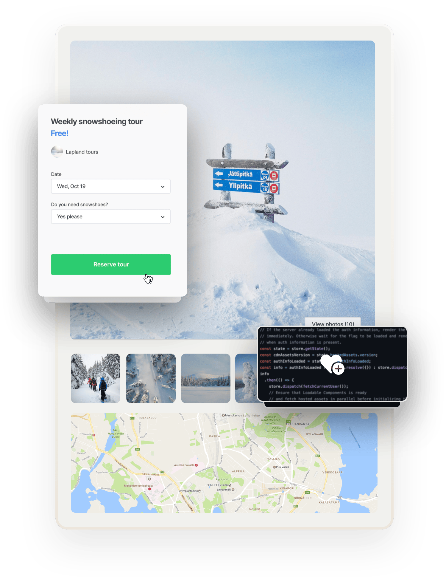 A sample listing page for a weekly snowshoeing tour on a travel marketplace powered by Sharetribe. Included are images from a wintry Finnish Lapland, a booking form, and a map. Overlaid on top is a box of code with a favourite symbol.