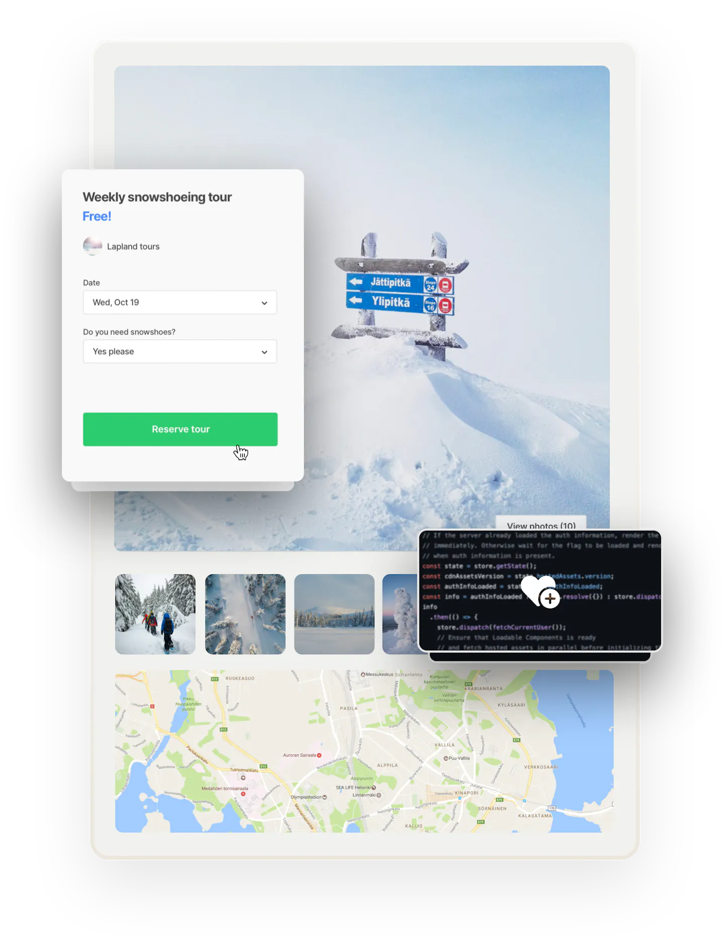 A sample listing page for a weekly snowshoeing tour on a travel marketplace powered by Sharetribe. Included are images from a wintry Finnish Lapland, a booking form, and a map. Overlaid on top is a box of code with a favourite symbol.