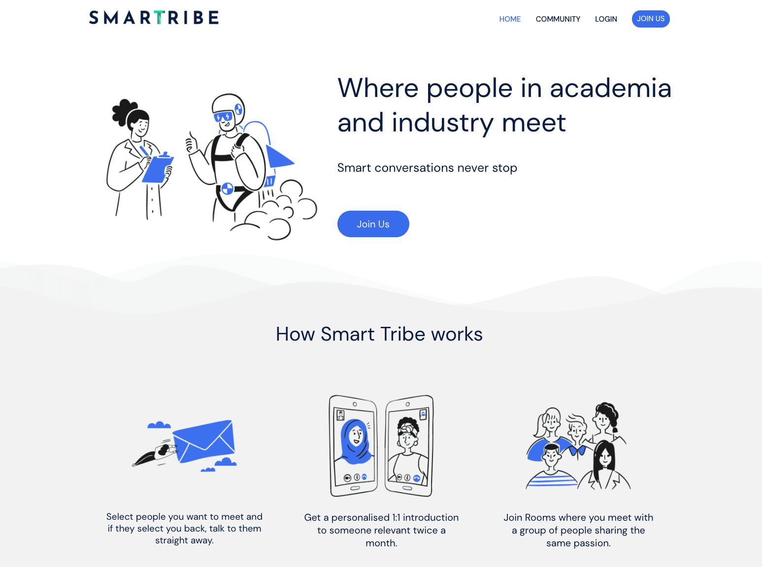 Screenshot of the service marketplace SmartTribe's landing page featuring cartoons in blue and black.