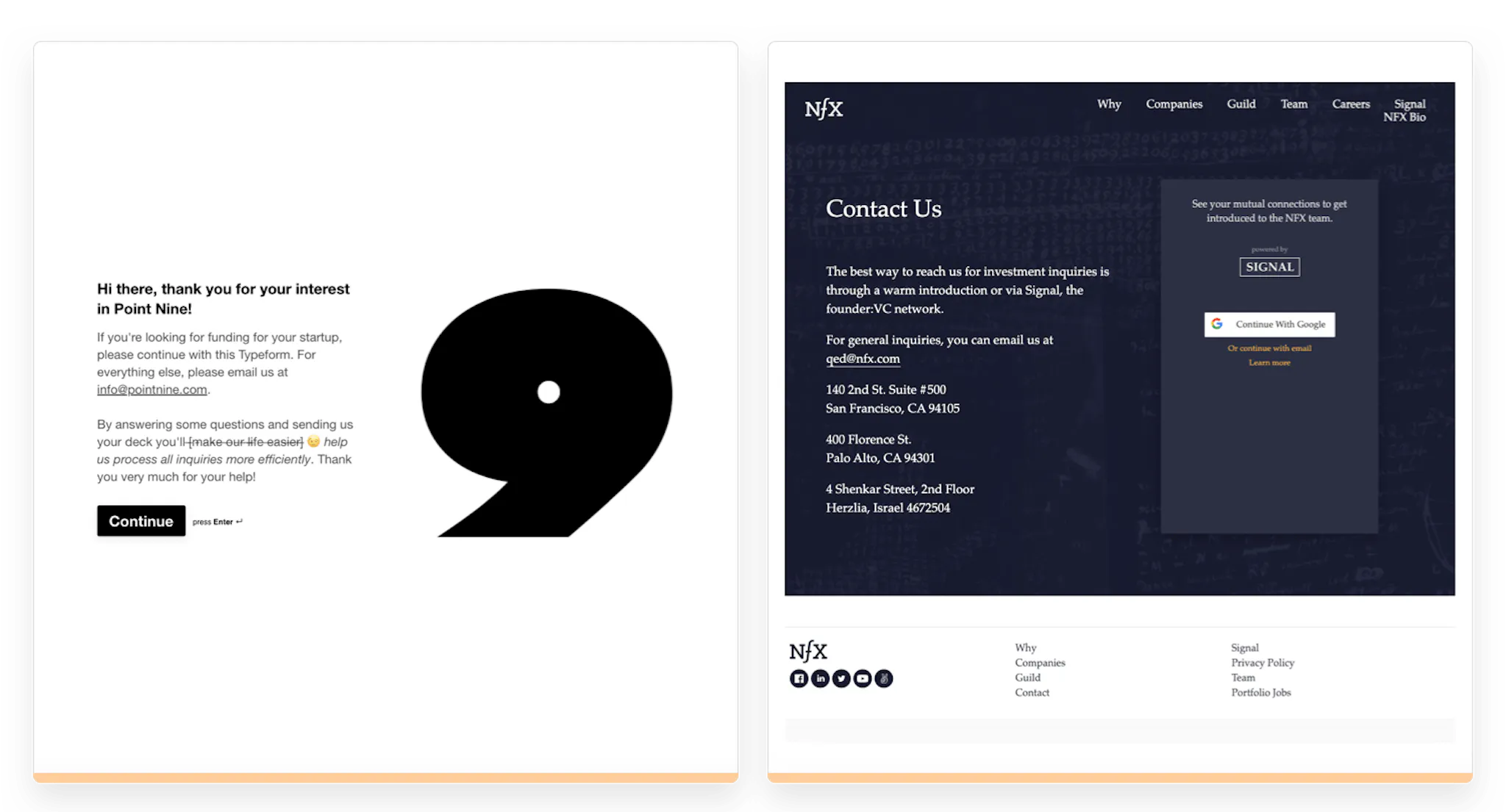 Screenshots of how two marketplace VC websites encourage or discourage cold contacting.