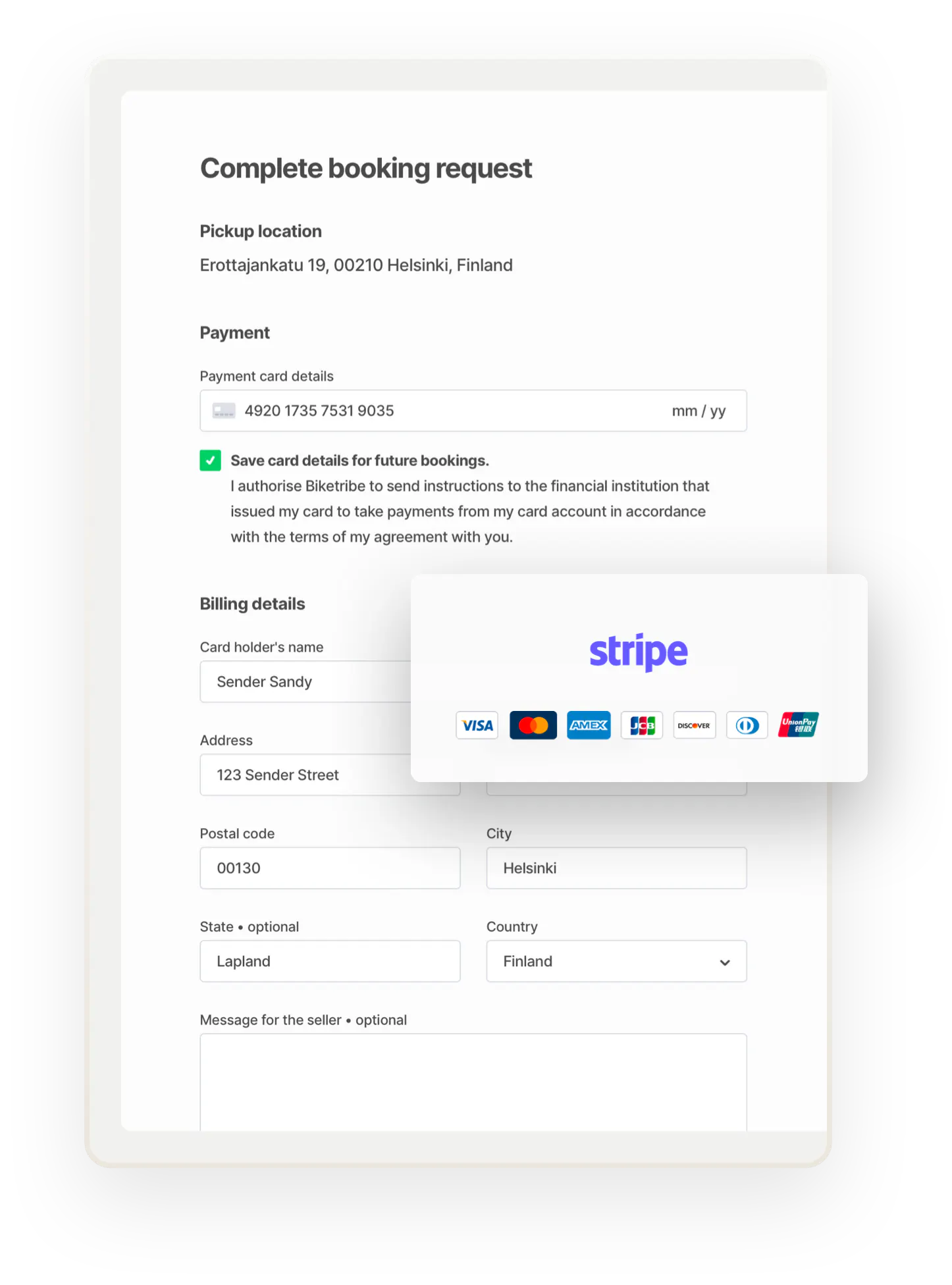 The checkout page for bike rental with payment card and billing details. Overlaid is a box that shows the Stripe logo and accepted payment methods, which are major credit cards.