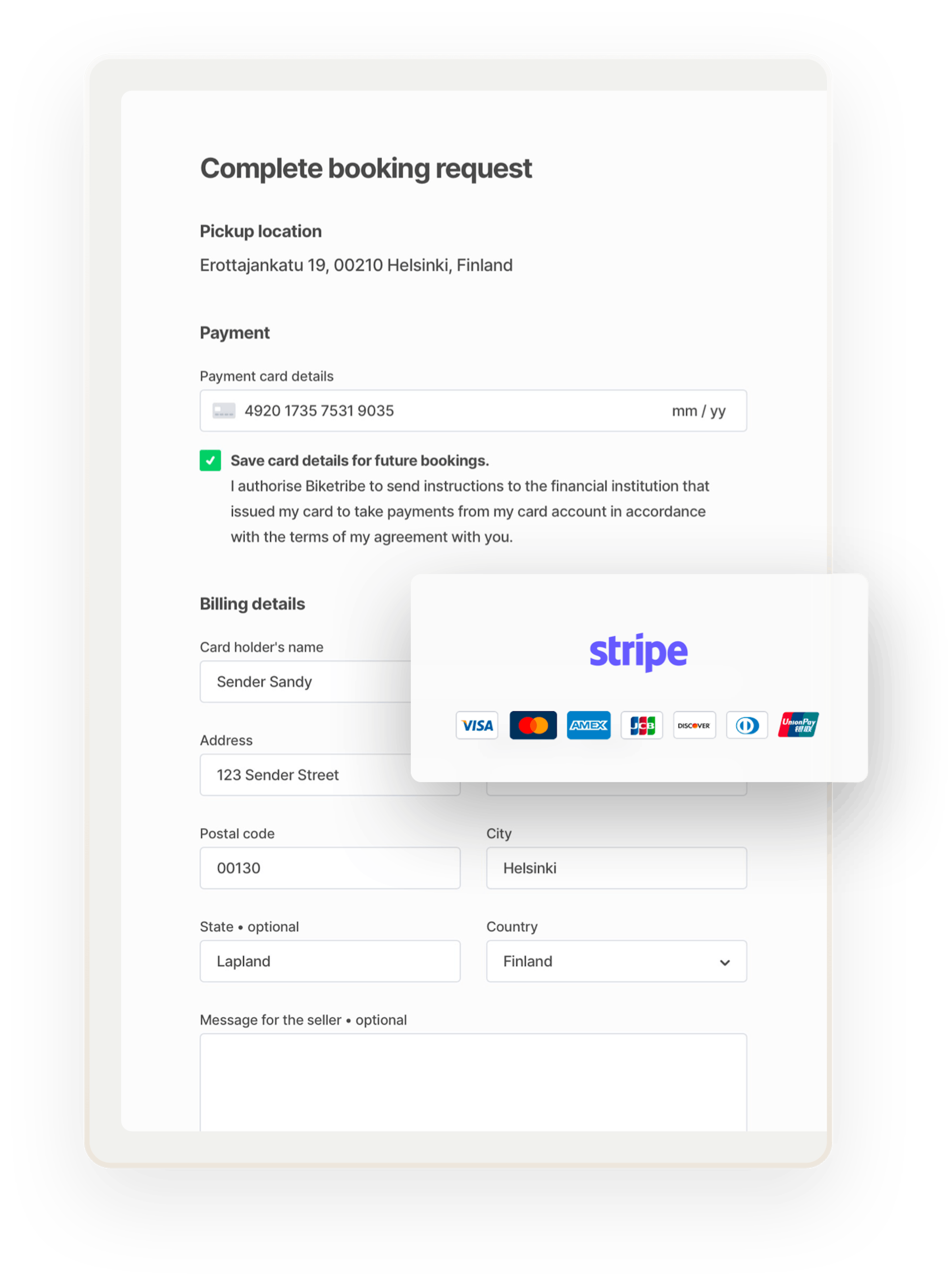 The checkout page for bike rental with payment card and billing details. Overlaid is a box that shows the Stripe logo and accepted payment methods, which are major credit cards.