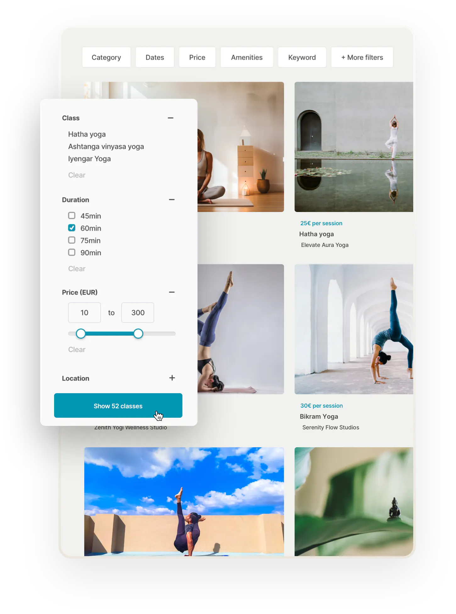 A grid of yoga class thumbnails with an image, title, and price on a search page. Overlaid on top is a box with filters: class type, duration, and price.