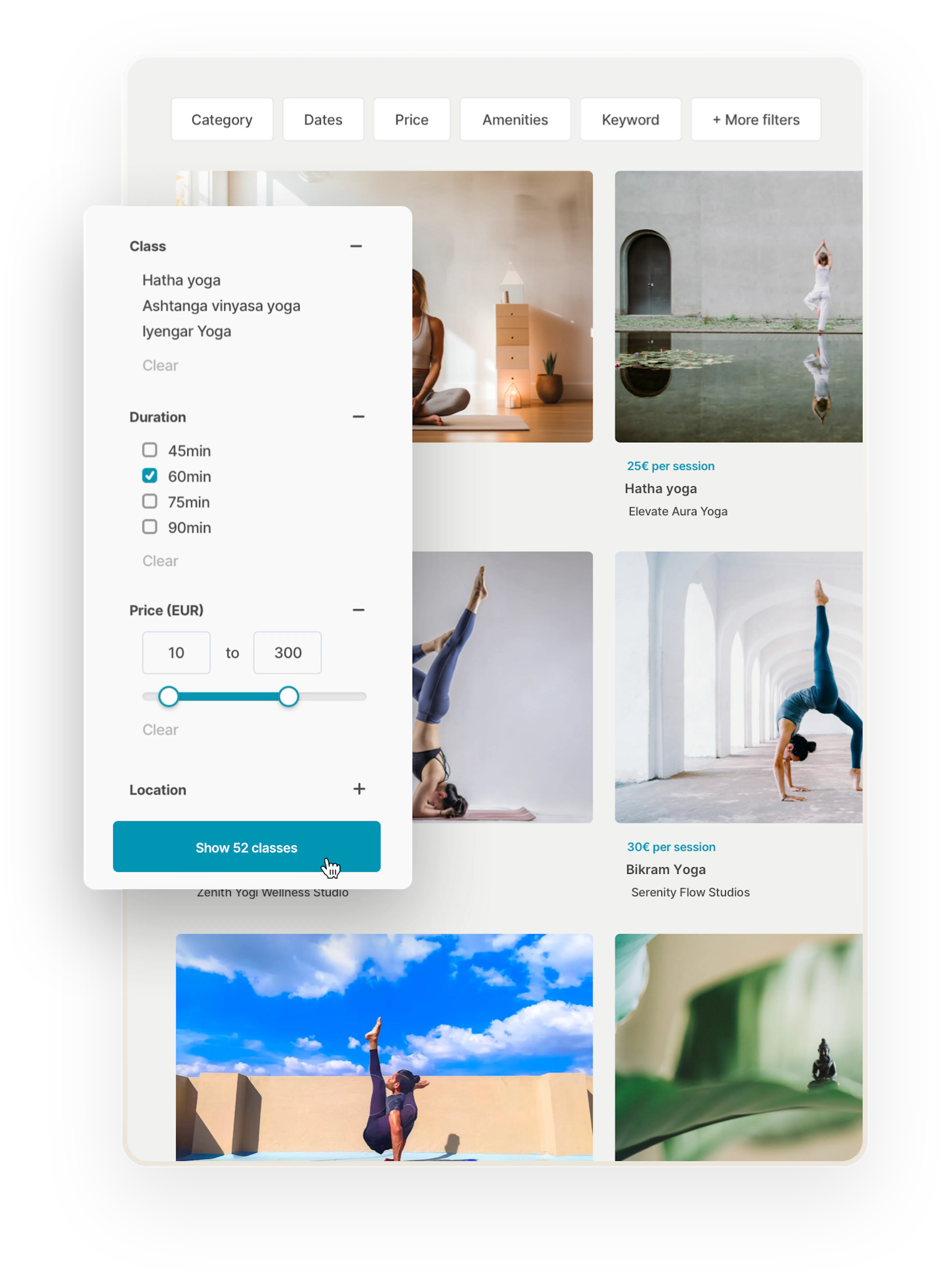 A grid of yoga class thumbnails with an image, title, and price on a search page. Overlaid on top is a box with filters: class type, duration, and price.