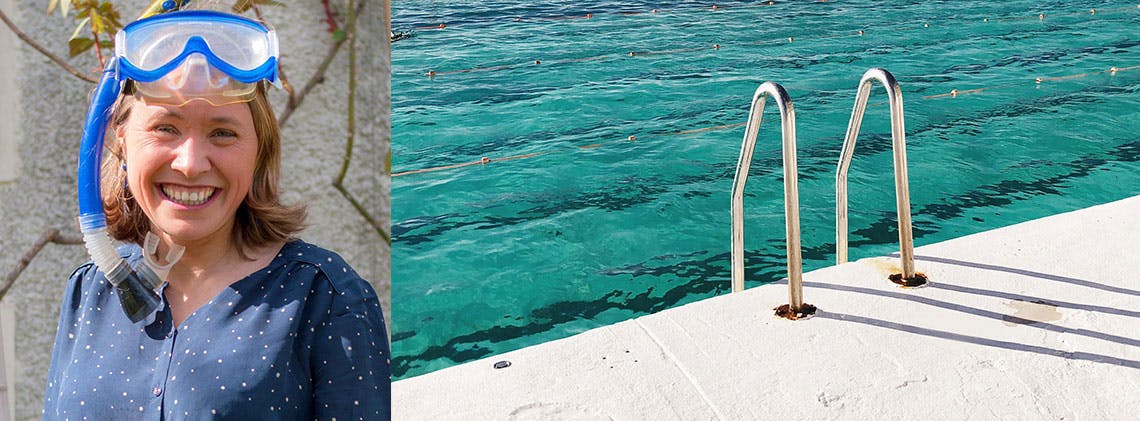 Swimmy founder Raphaëlle with a snorkling mask and close-up of a swimming pool with stairs.