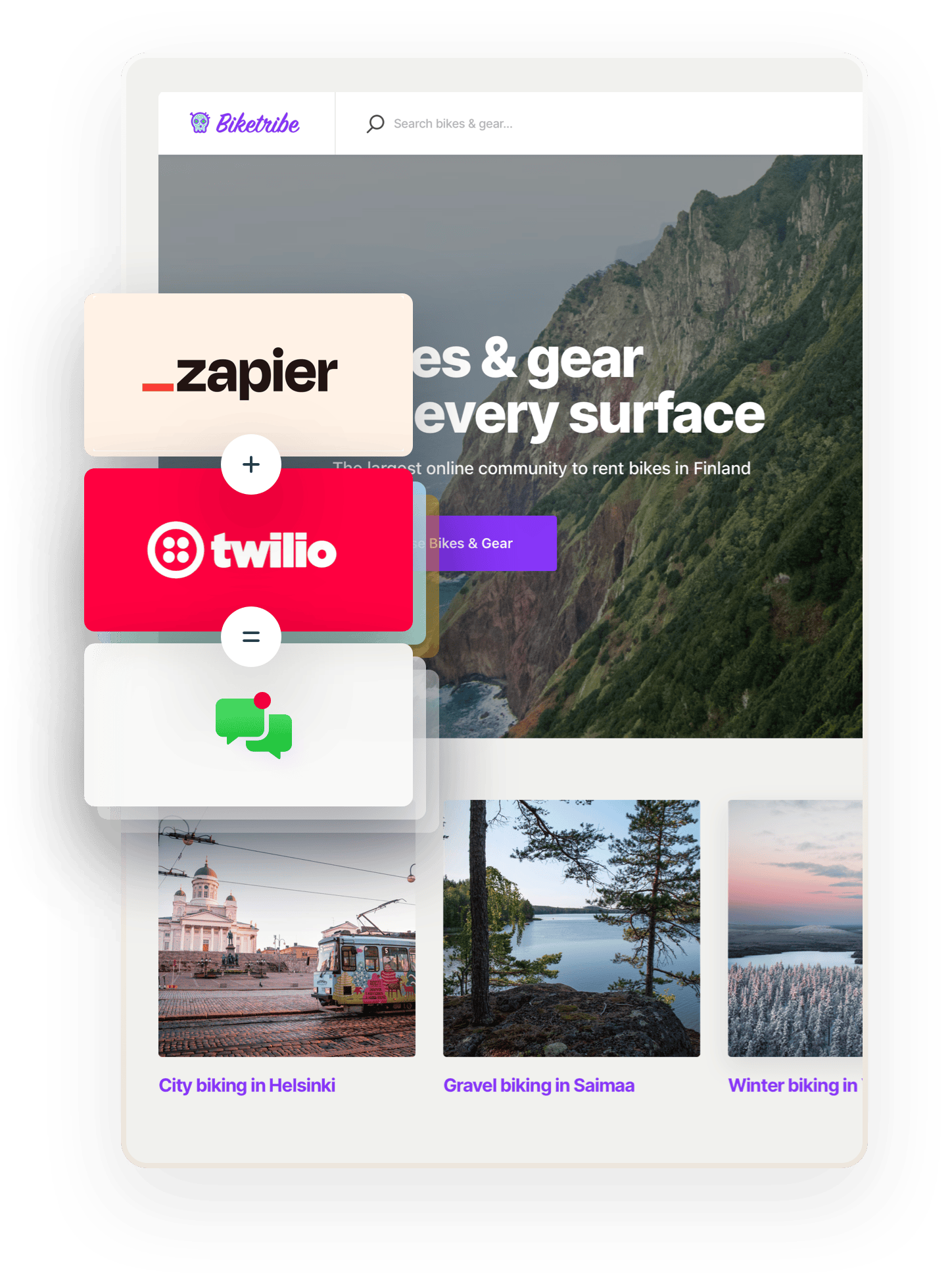 Biketribe marketplace home page. Overlaid on top are three boxes showing an equation: Zapier plus Twilio equals SMS notifications.