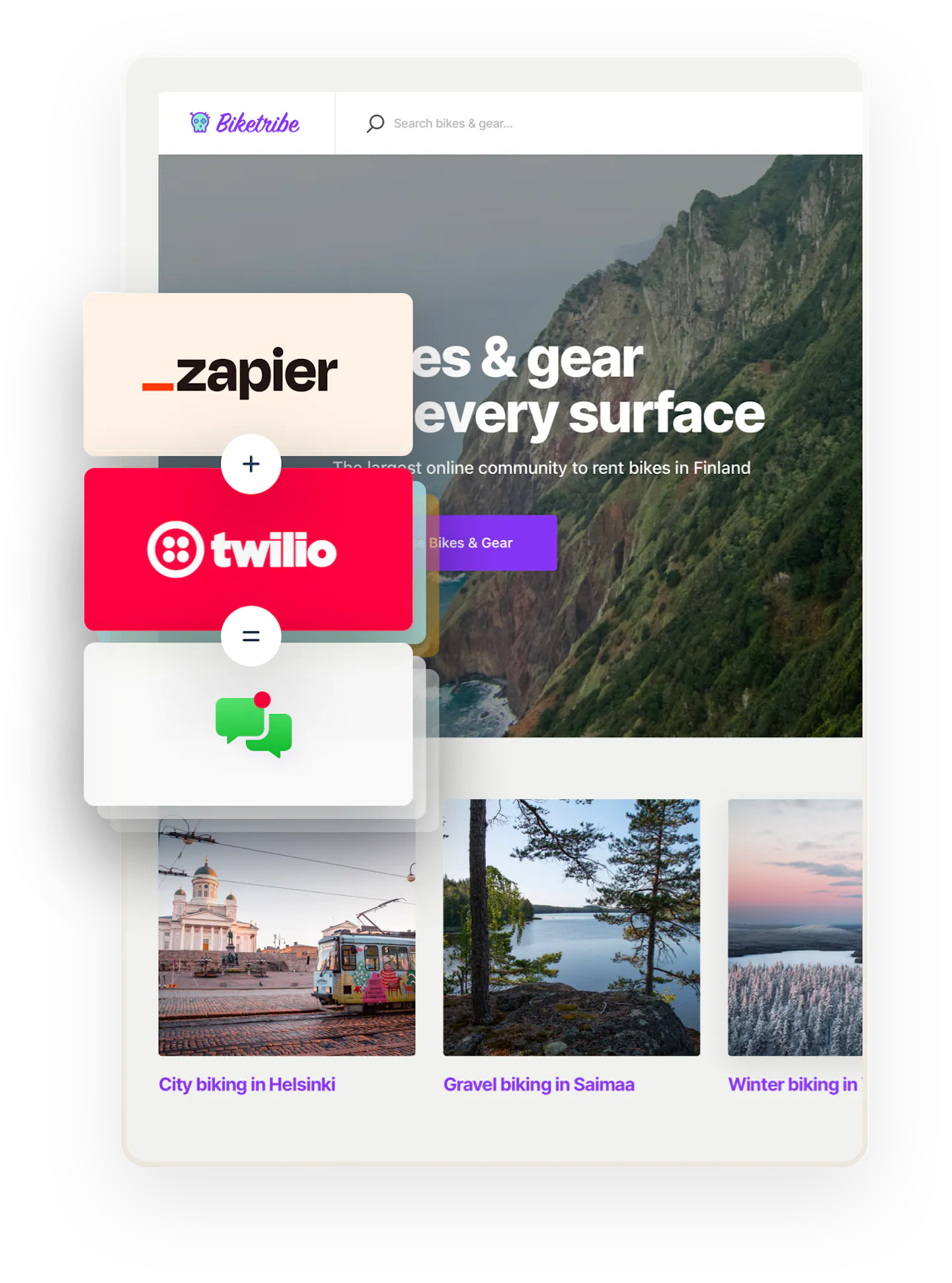 Biketribe marketplace home page. Overlaid on top are three boxes showing an equation: Zapier plus Twilio equals SMS notifications.