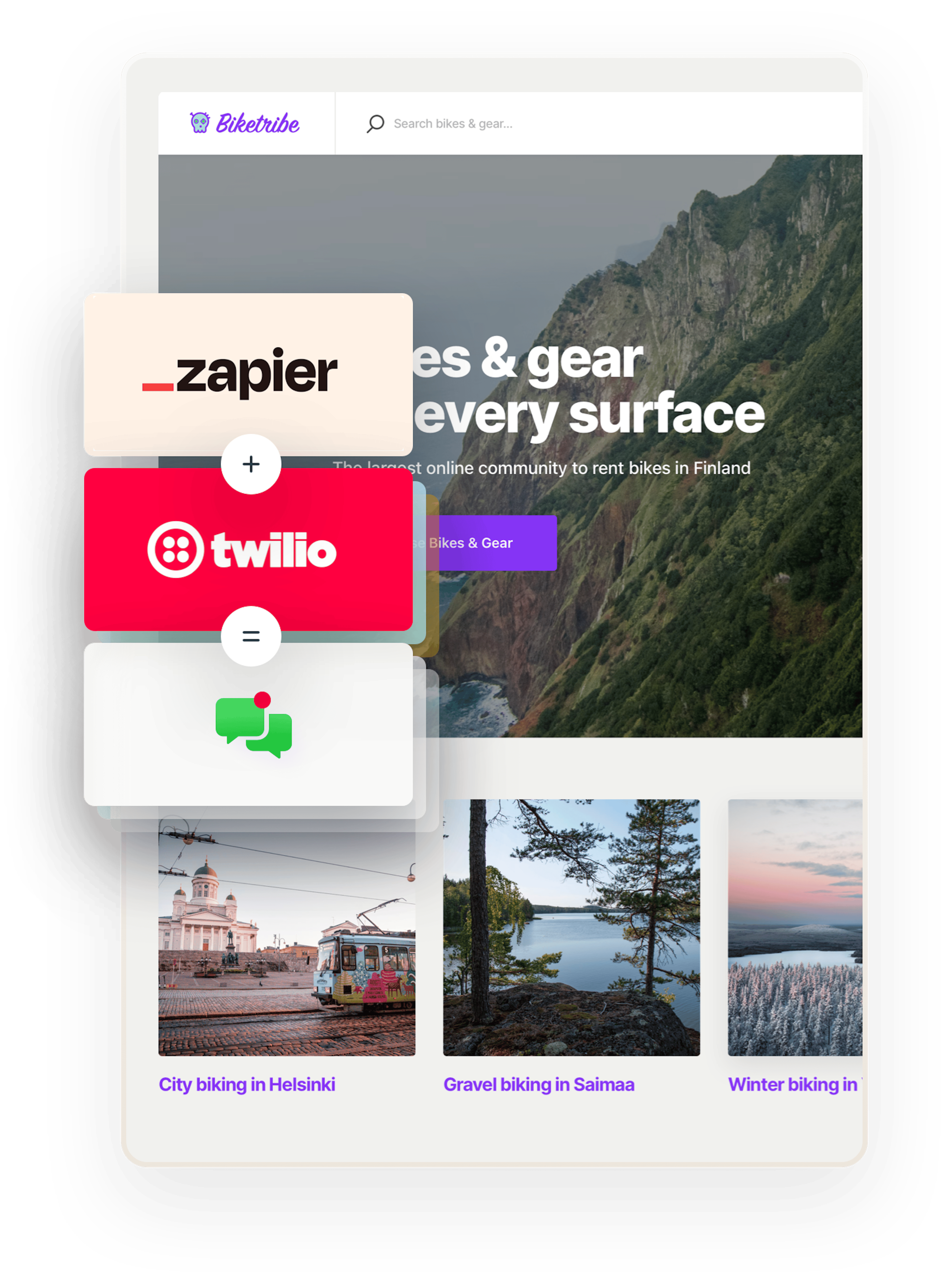 Biketribe marketplace home page. Overlaid on top are three boxes showing an equation: Zapier plus Twilio equals SMS notifications.