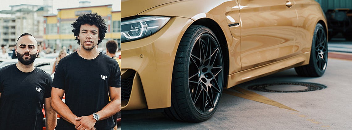 WheelPrice founders Kyle and Wally and diagonal close-up of gold-coloured BMW.