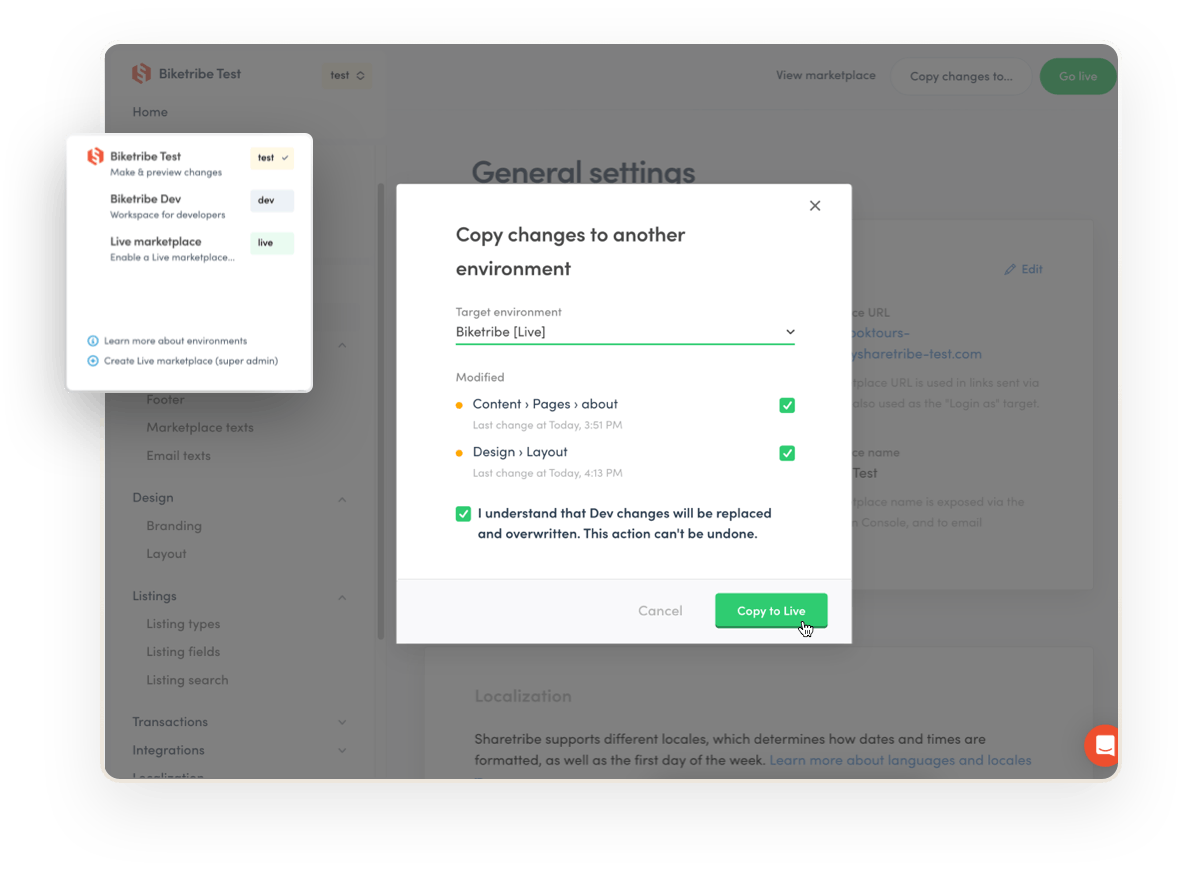 The Console "Copy changes to another environment" modal. Overlaid is also an environment picker. The operator can work on their marketplace in test, dev, or live environments.