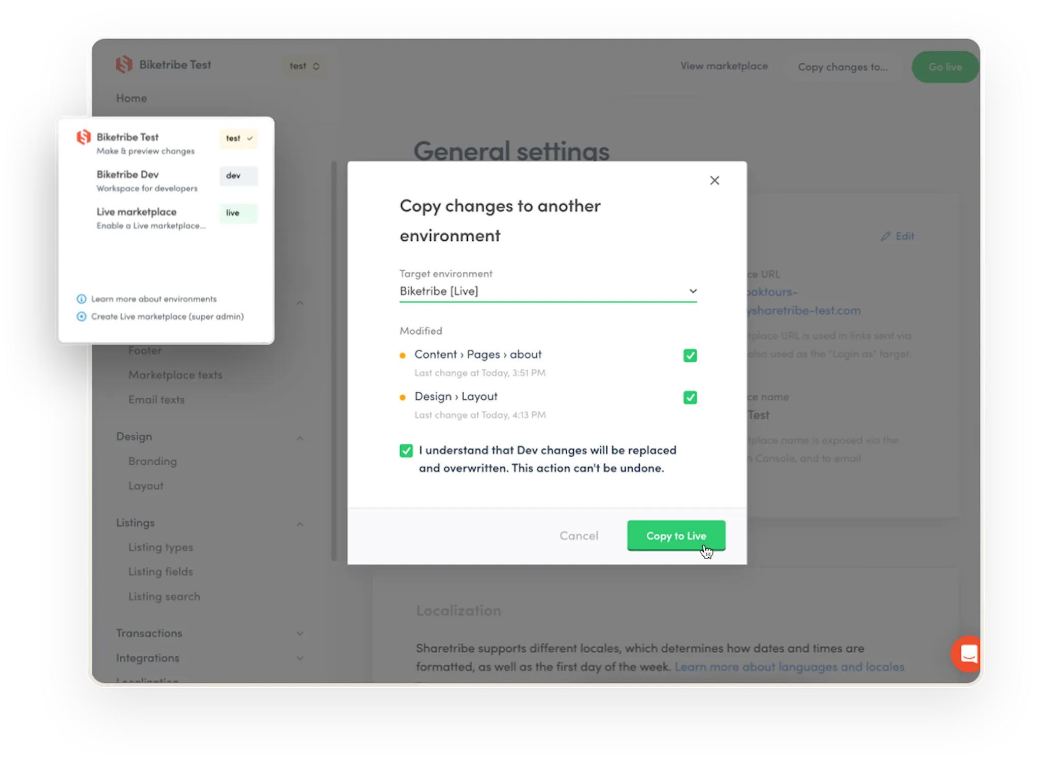 The Console "Copy changes to another environment" modal. Overlaid is also an environment picker. The operator can work on their marketplace in test, dev, or live environments.