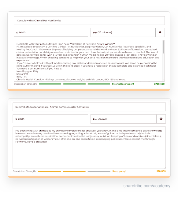 Two screenshots of Petworks' listing strenght meter with 3/3 and 2/3 scores.