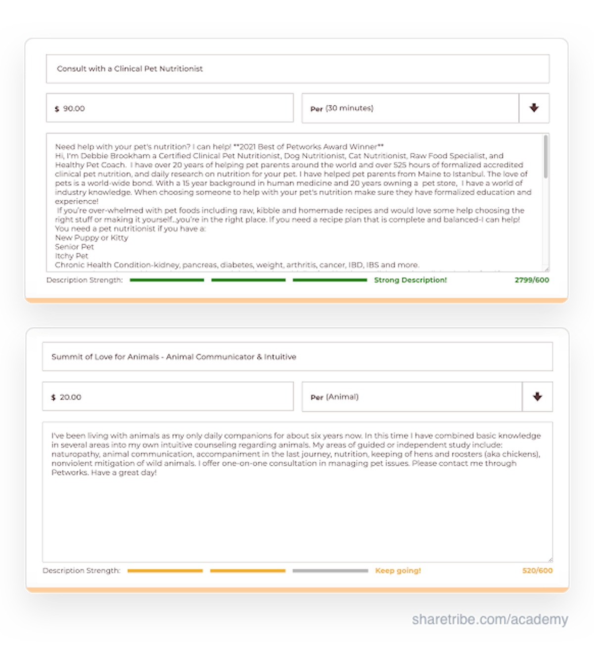 Two screenshots of Petworks' listing strenght meter with 3/3 and 2/3 scores.