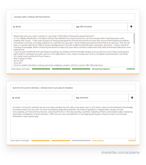 Two screenshots of Petworks' listing strenght meter with 3/3 and 2/3 scores.