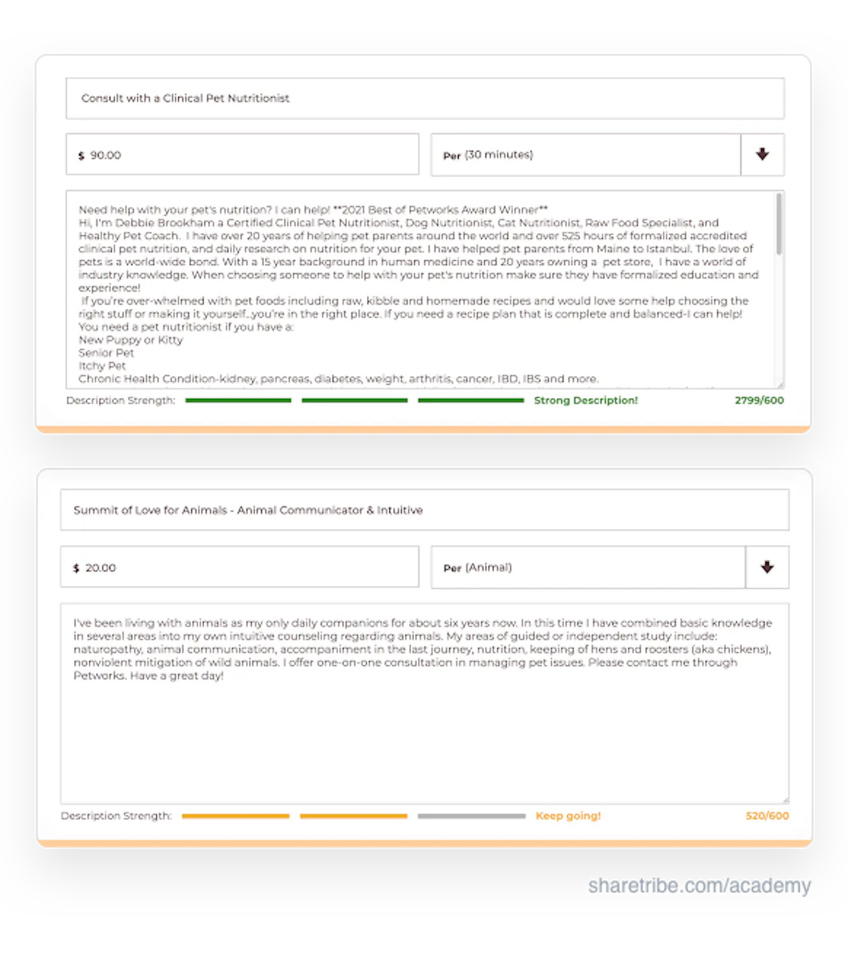Two screenshots of Petworks' listing strenght meter with 3/3 and 2/3 scores.