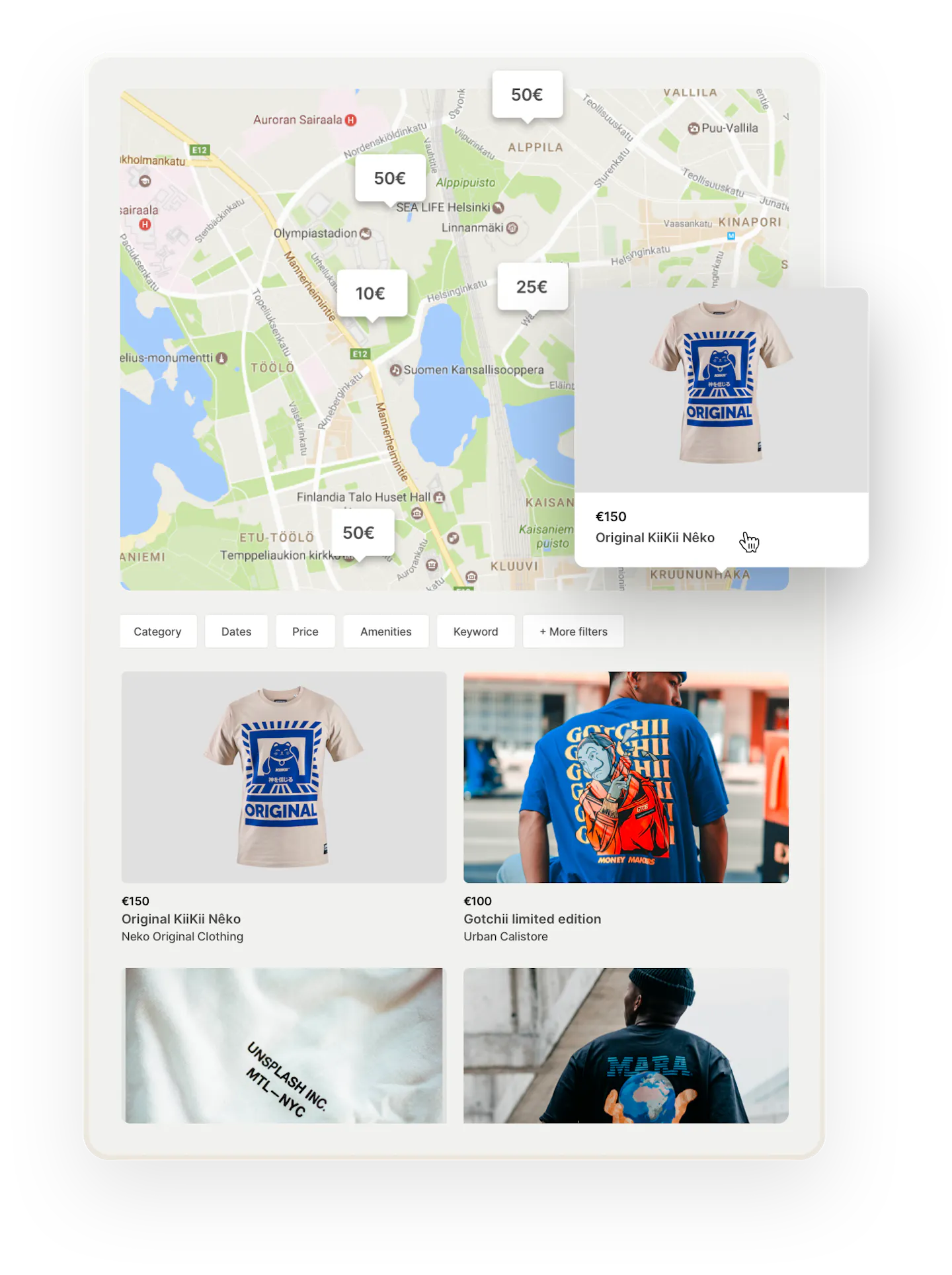 A map on the Teetribe marketplace, with bubbles for addresses where t-shirts are sold. One bubble is opened, showing a t-shirt with a stylized cartoon cat. Below, there are some additional filters like category and keywords. Then, some t-shirt thumbnails. 