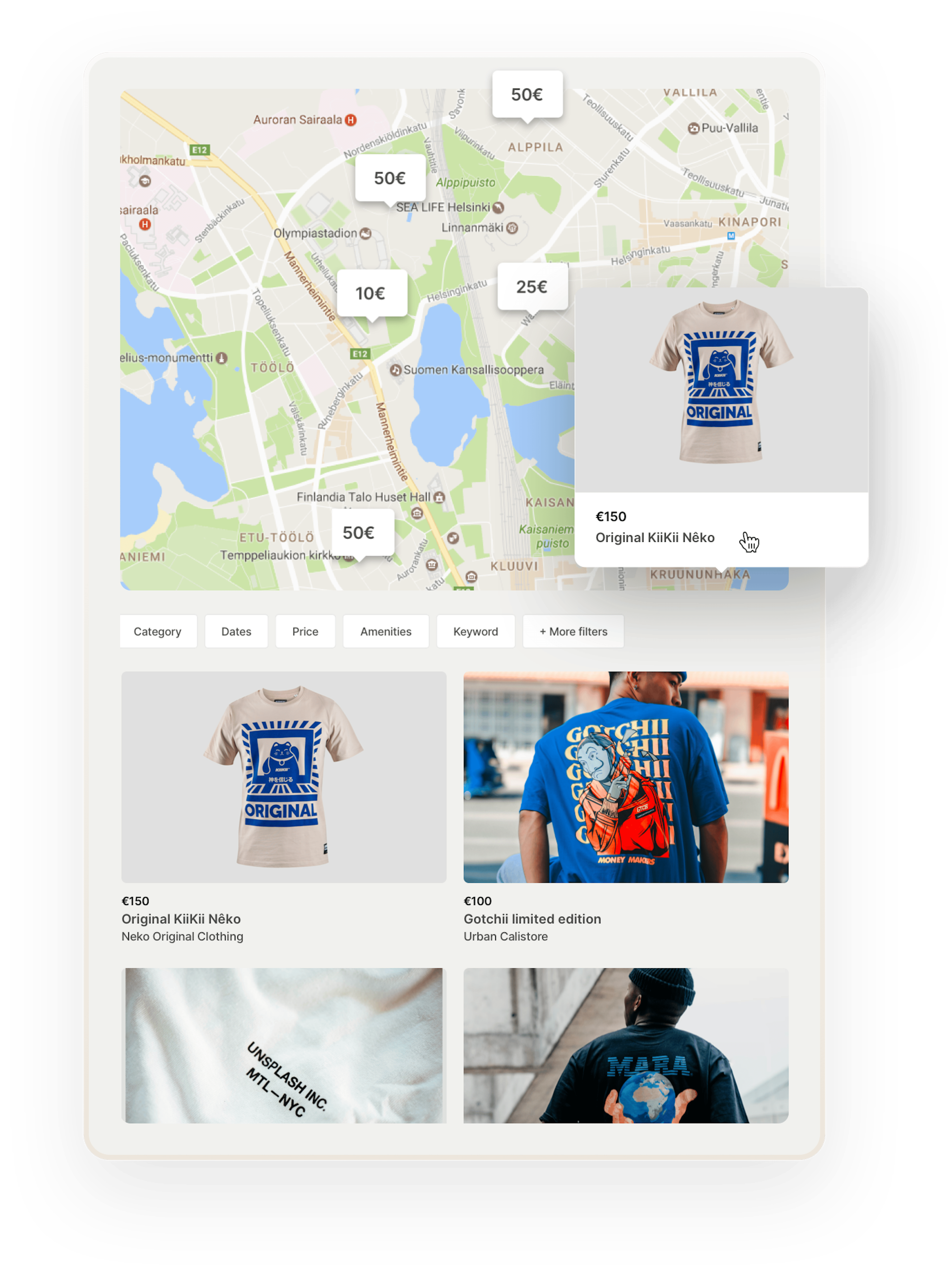 A map on the Teetribe marketplace, with bubbles for addresses where t-shirts are sold. One bubble is opened, showing a t-shirt with a stylized cartoon cat. Below, there are some additional filters like category and keywords. Then, some t-shirt thumbnails. 