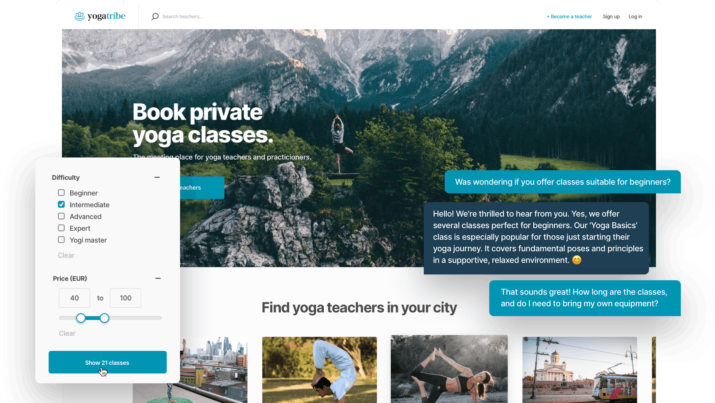 A landing page of a sample yoga class marketplace. Overlaid is a snippet of a chat conversation on the marketplace and a search filter bar with the filters difficulty and price.