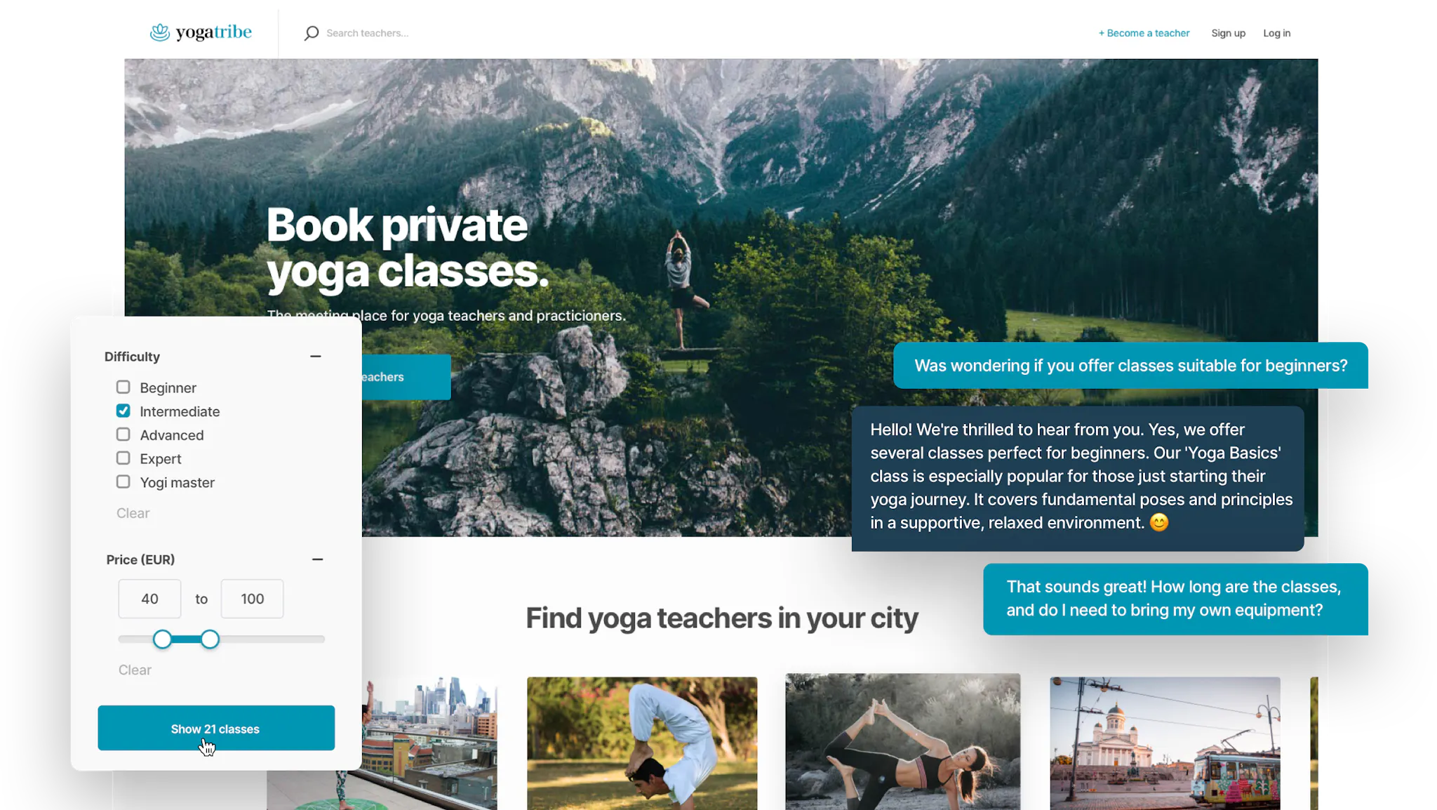 A landing page of a sample yoga class marketplace. Overlaid is a snippet of a chat conversation on the marketplace and a search filter bar with the filters difficulty and price.