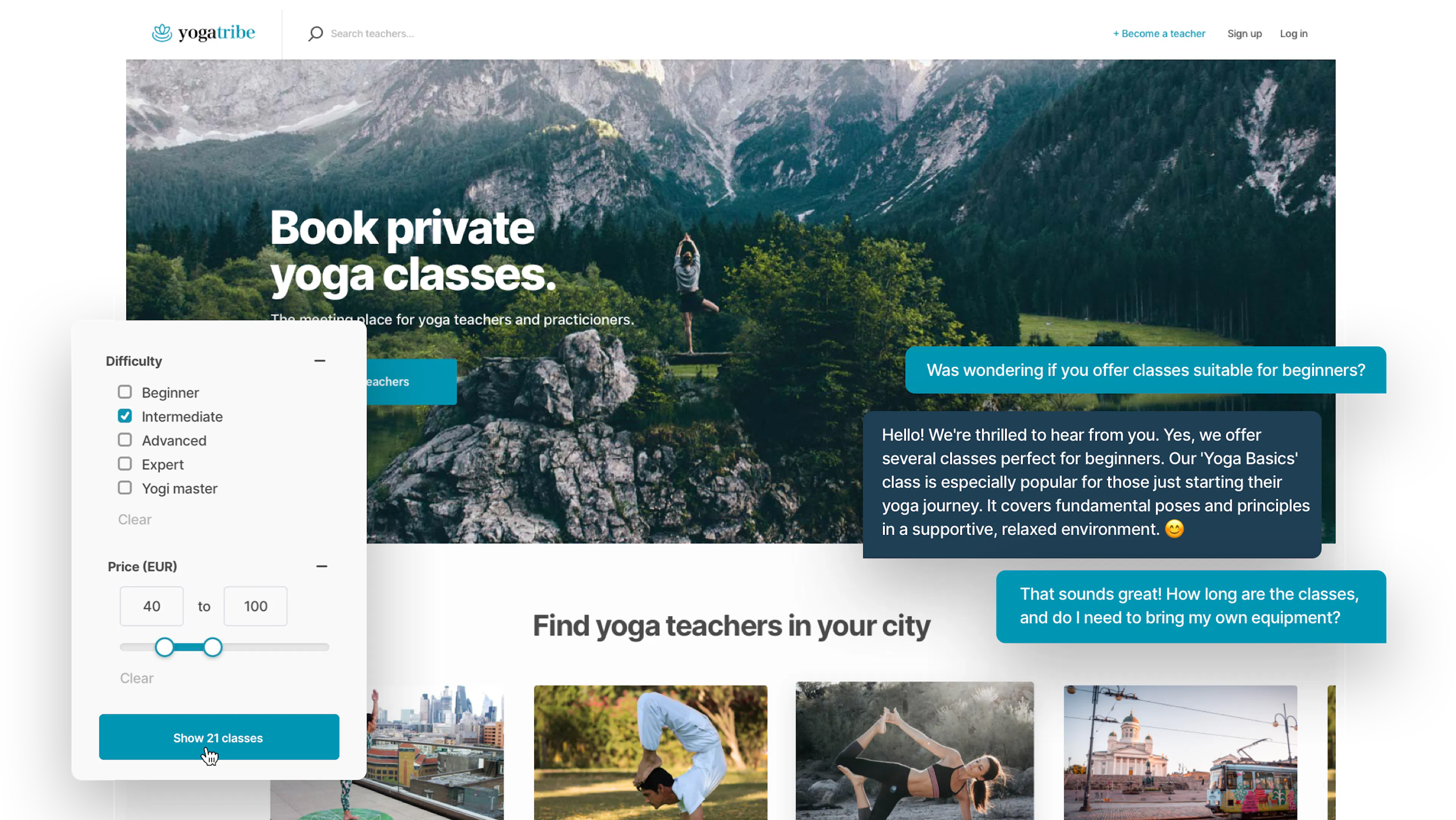 A landing page of a sample yoga class marketplace. Overlaid is a snippet of a chat conversation on the marketplace and a search filter bar with the filters difficulty and price.
