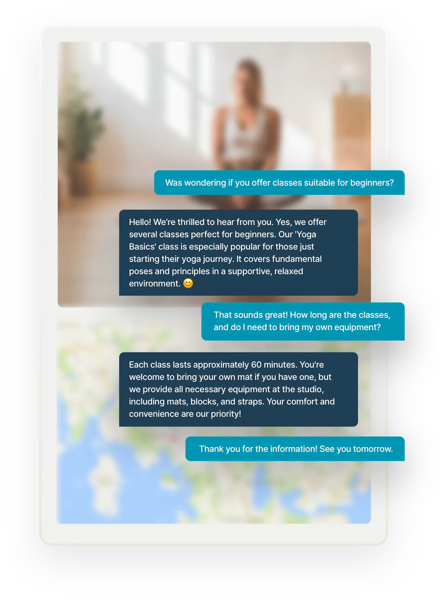 A conversation about booking a yoga class in chat format between a yoga studio and a prospective student. The customer wants to know if thew classes are suitable for beginners. They are.