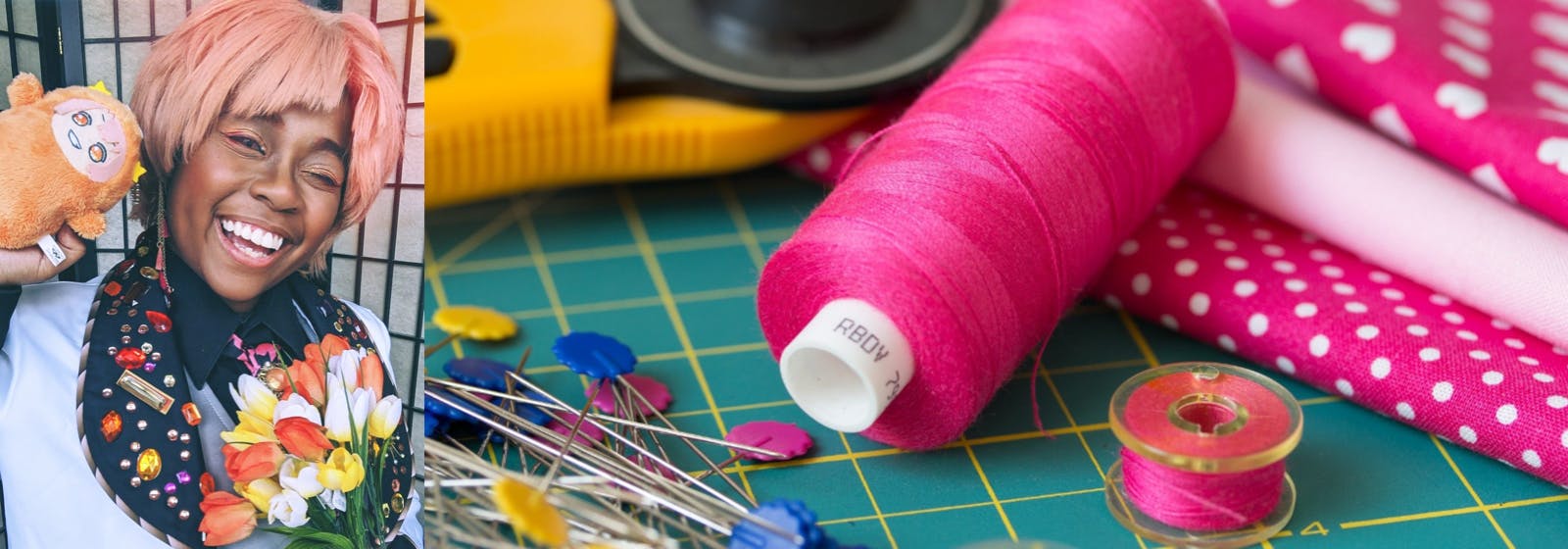 Two images side by side. On the left, a portrait photo of Myleah in cosplay as Mitsuki from IDOLiSH7. She's wearing a peach-colored short wig reminiscent of a rough-edged bowl cut. She's wearing a white jacket with black lapels decorated with rhinestones. She's holding a stuffed animal next to her face, which has a wide, happy smile. On her other hand, there's a bouquet of tulips.
On the right, a photo of sewing supplies: pins, thread, pink fabrics with flowers, and hears.