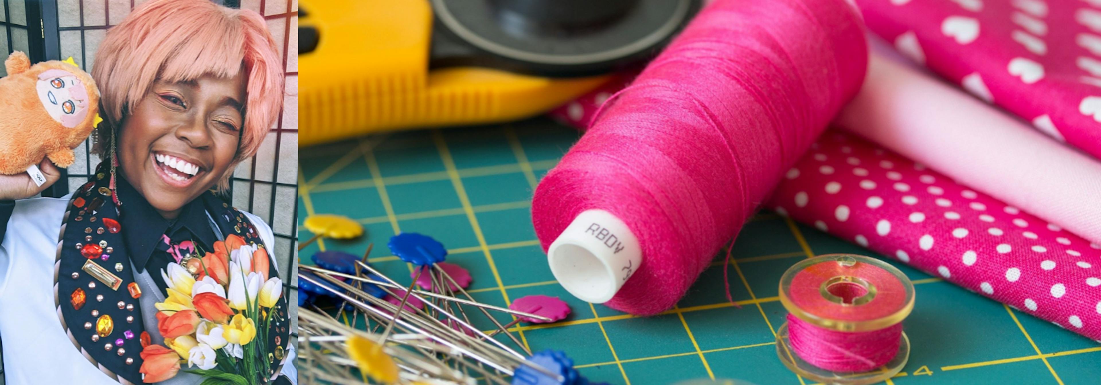 Two images side by side. On the left, a portrait photo of Myleah in cosplay as Mitsuki from IDOLiSH7. She's wearing a peach-colored short wig reminiscent of a rough-edged bowl cut. She's wearing a white jacket with black lapels decorated with rhinestones. She's holding a stuffed animal next to her face, which has a wide, happy smile. On her other hand, there's a bouquet of tulips.

On the right, a photo of sewing supplies: pins, thread, pink fabrics with flowers, and hears.