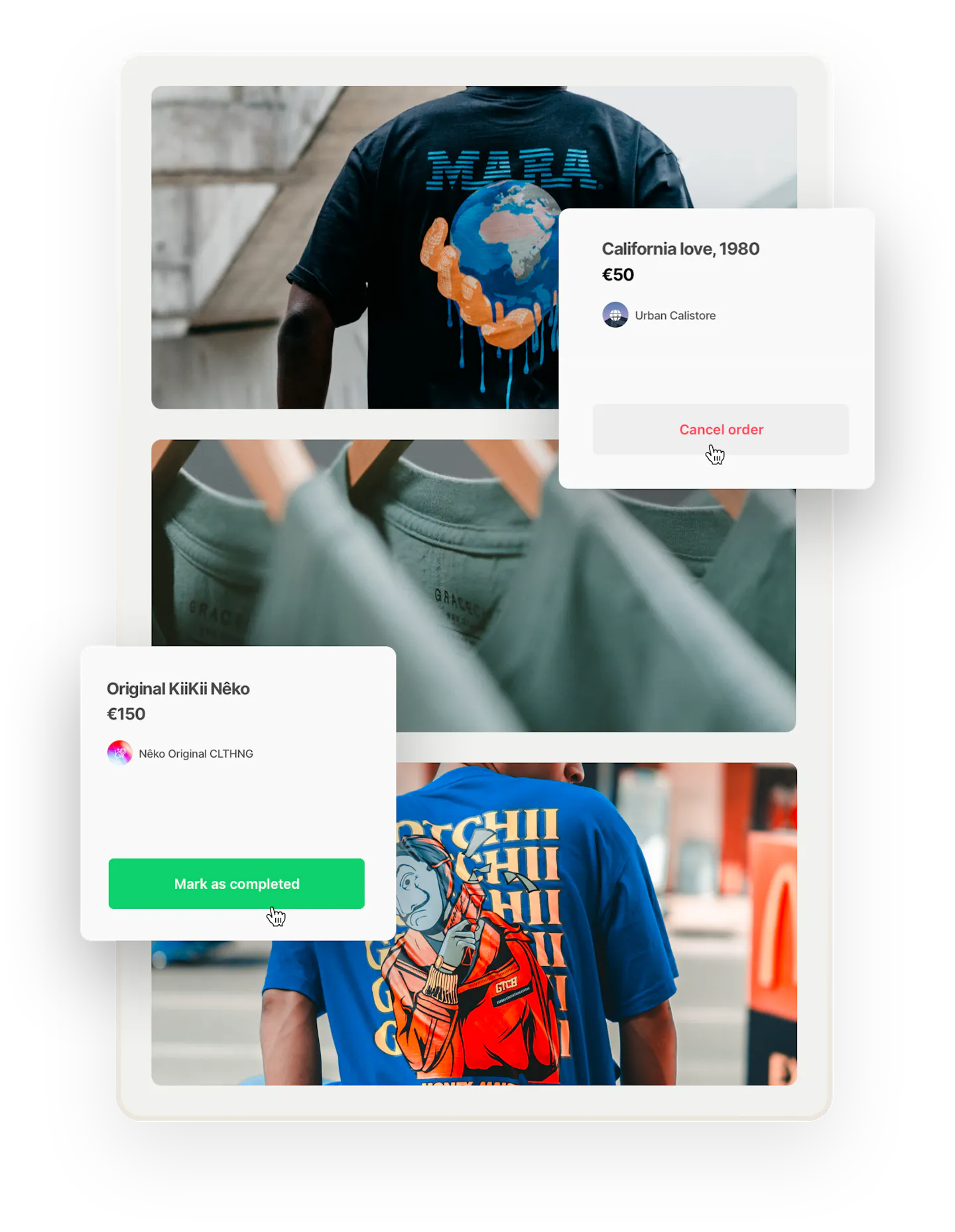 In the background, images of two people wearing print t-shirts, shot from the back, and three green shirts on hangers. Overlaid are two boxes that show the operator is going to mark one purchase as completed and cancel another.