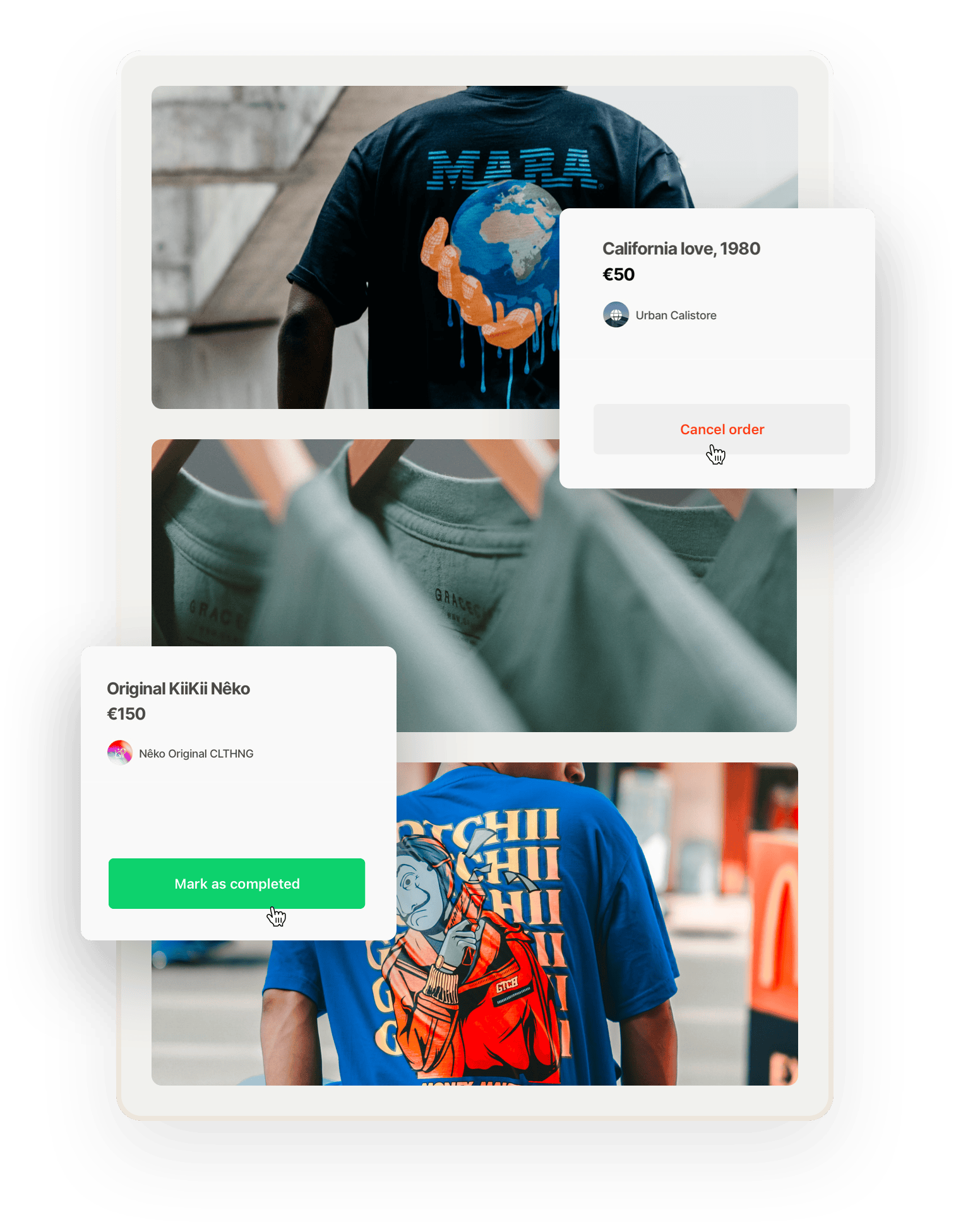 In the background, images of two people wearing print t-shirts, shot from the back, and three green shirts on hangers. Overlaid are two boxes that show the operator is going to mark one purchase as completed and cancel another.