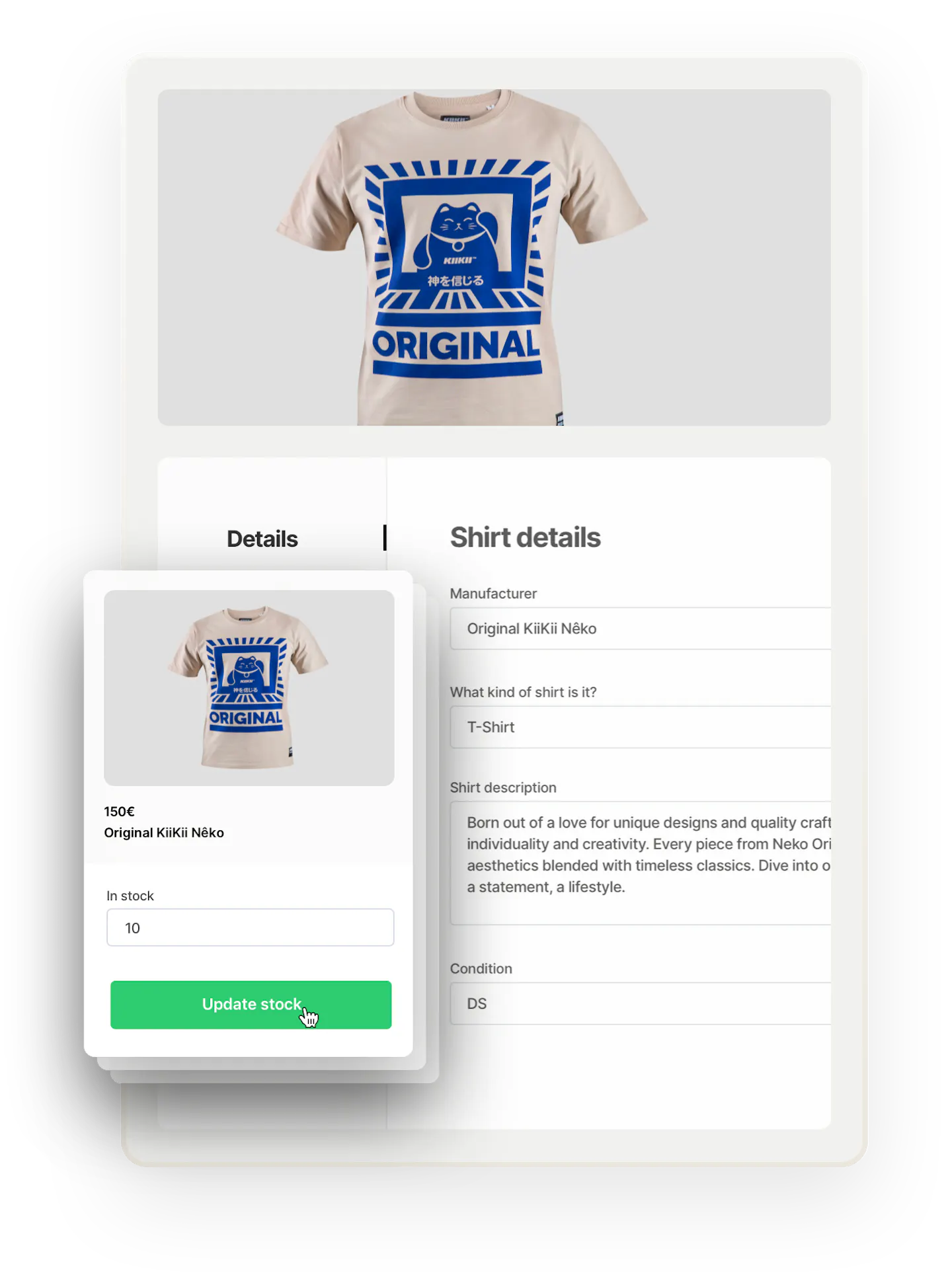 A t-shirt with a print of a stylized kitten and the text ORIGINAL. Below the image, a listing creation page is opened on the Details tab. Overlaid on top is the stock management feature. The seller is updating the stock to ten t-shirts.