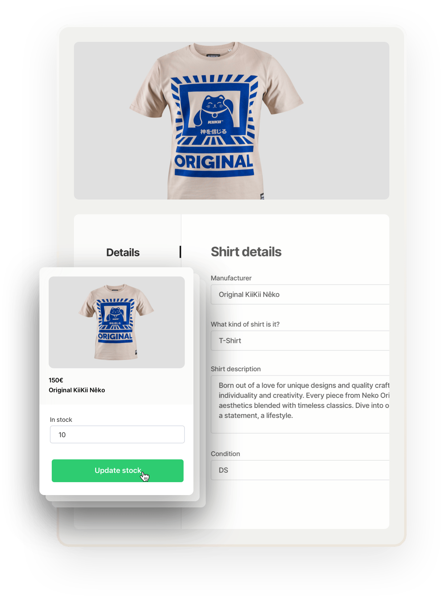A t-shirt with a print of a stylized kitten and the text ORIGINAL. Below the image, a listing creation page is opened on the Details tab. Overlaid on top is the stock management feature. The seller is updating the stock to ten t-shirts.