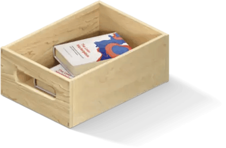 A wooden crate with two Lean Marketplace books inside, stacked on top of each other.