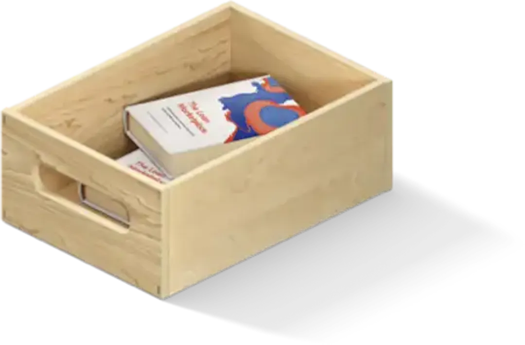 A wooden crate with two Lean Marketplace books inside, stacked on top of each other.