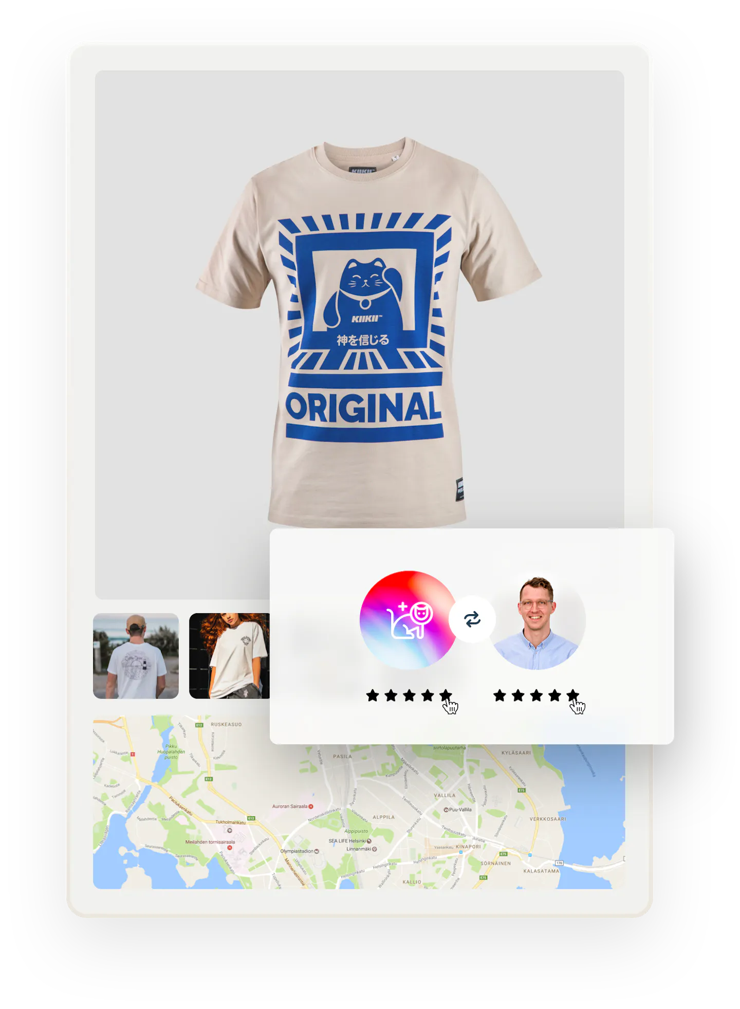 A t-shirt with a print of a stylized kitten and the text ORIGINAL. Below are images of people wearing t-shirts and a map. Overlaid is a box where a t-shirt seller and buyer are about to give each other five-star reviews.