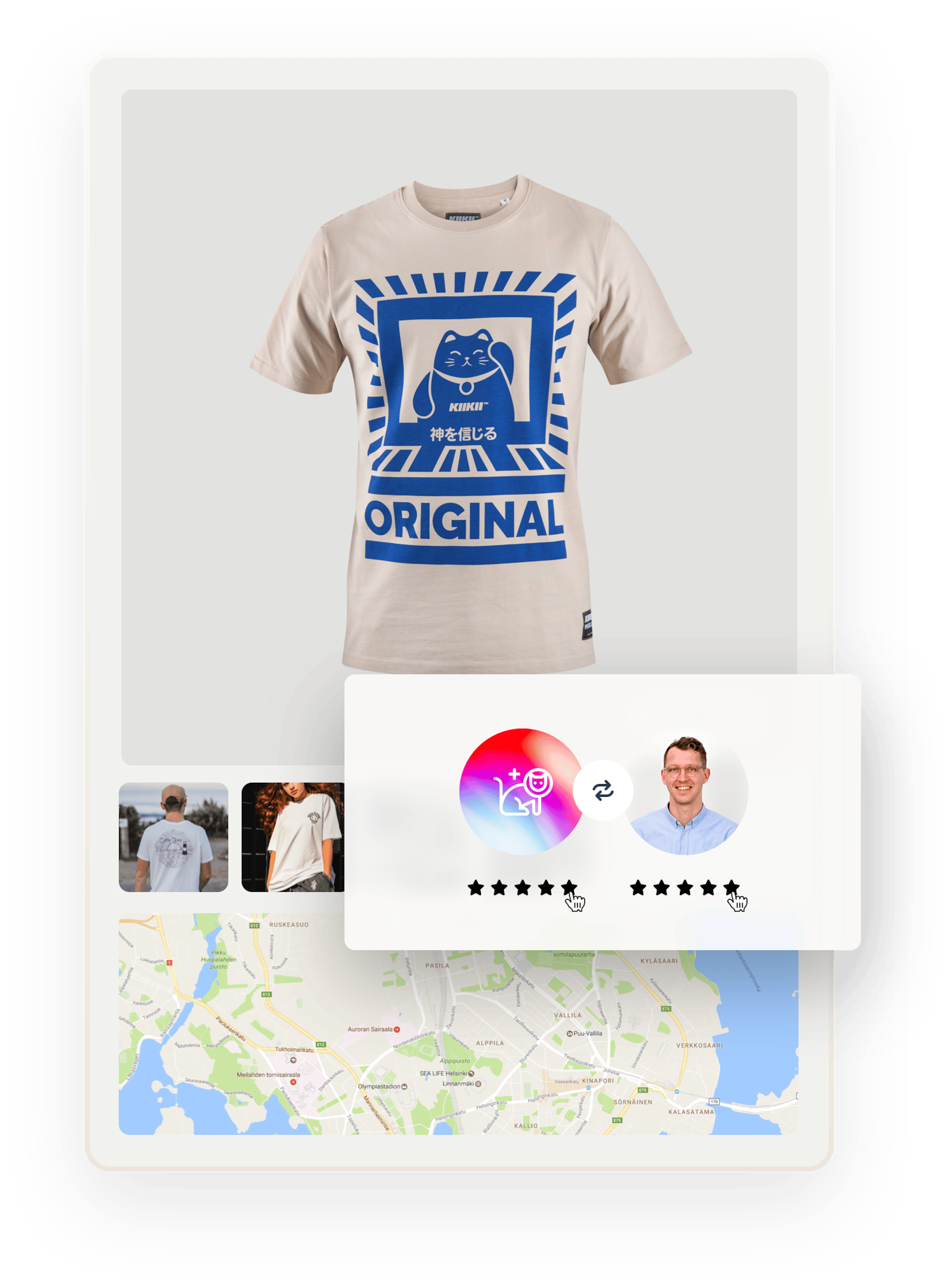A t-shirt with a print of a stylized kitten and the text ORIGINAL. Below are images of people wearing t-shirts and a map. Overlaid is a box where a t-shirt seller and buyer are about to give each other five-star reviews.
