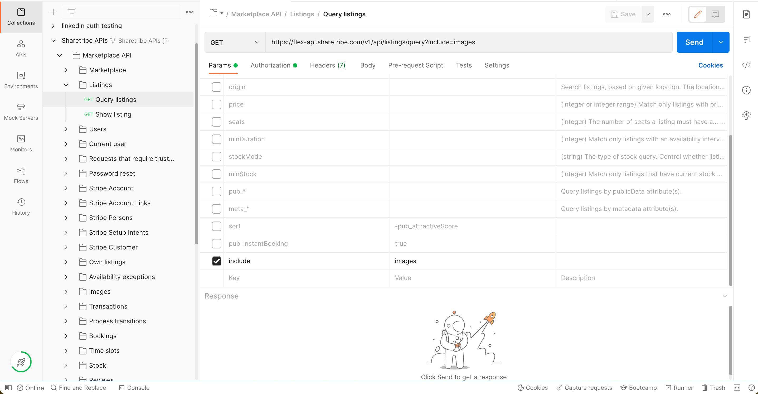 A screenshot of the Postman client application showing how to use the include query parameter.