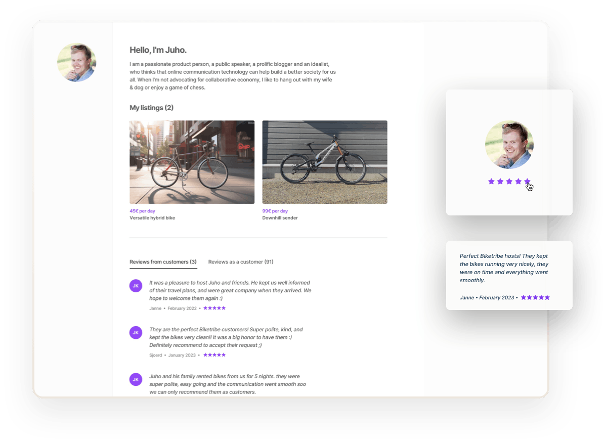 A user's page with an image, description, listings they've added, and reviews from customers. Overlaid on top is a box where someone is giving the user another glowing five-star review.