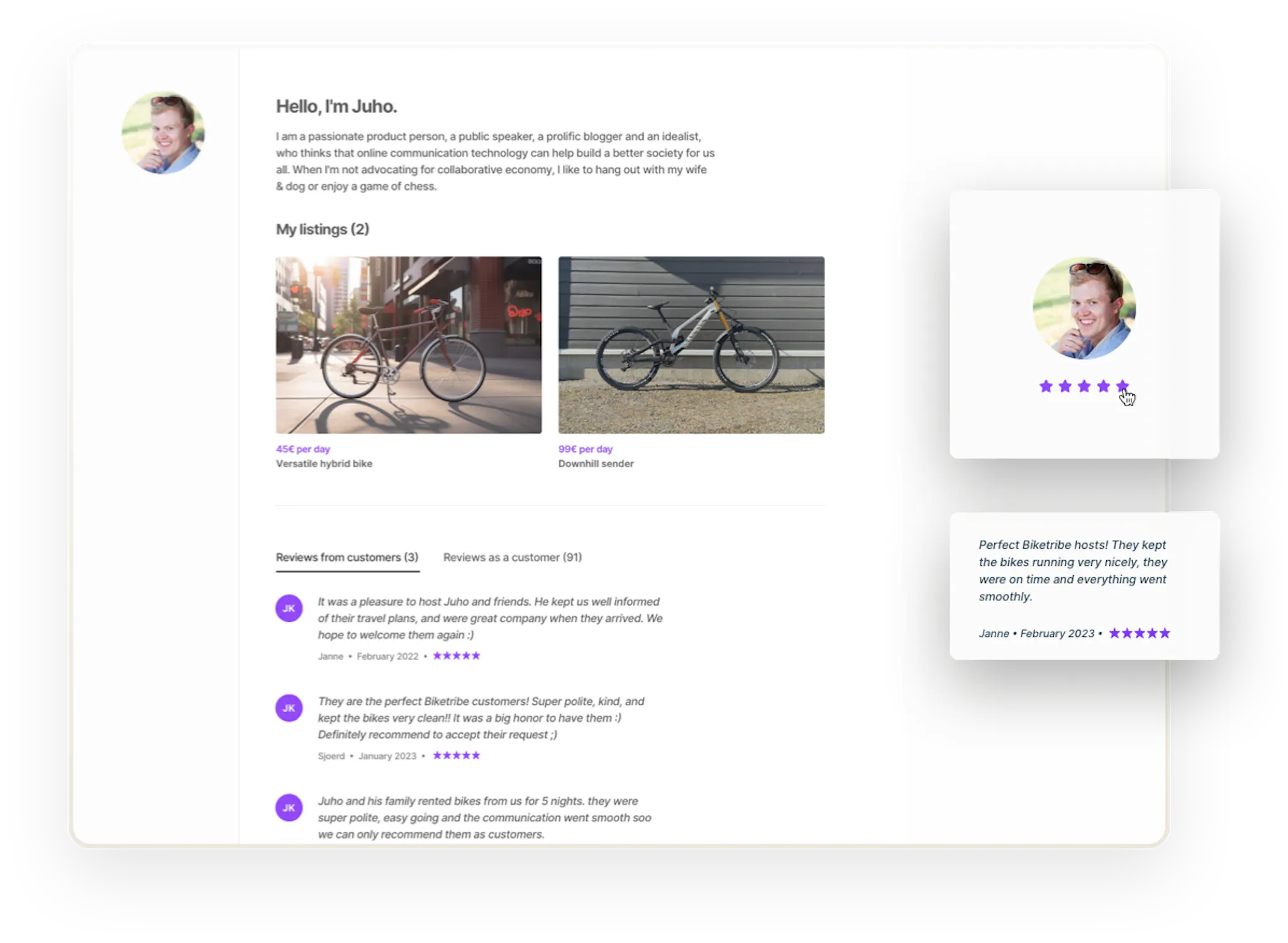A user's page with an image, description, listings they've added, and reviews from customers. Overlaid on top is a box where someone is giving the user another glowing five-star review.