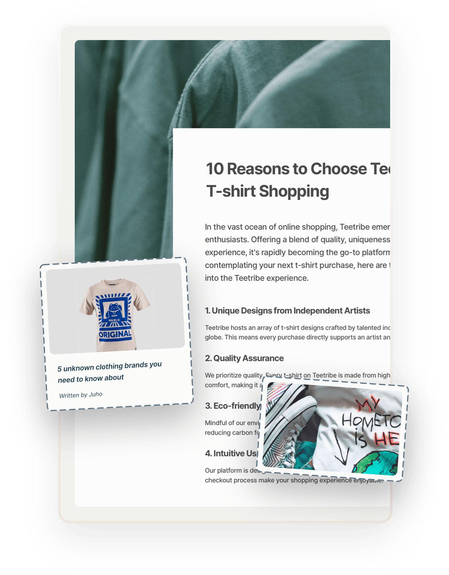A snapshot of an example blog page titled "10 Reasons to Choose Teetribe for T-shirt Shopping". A blog post thumbnail and an image of a t-shirt detail are overlaid on top.