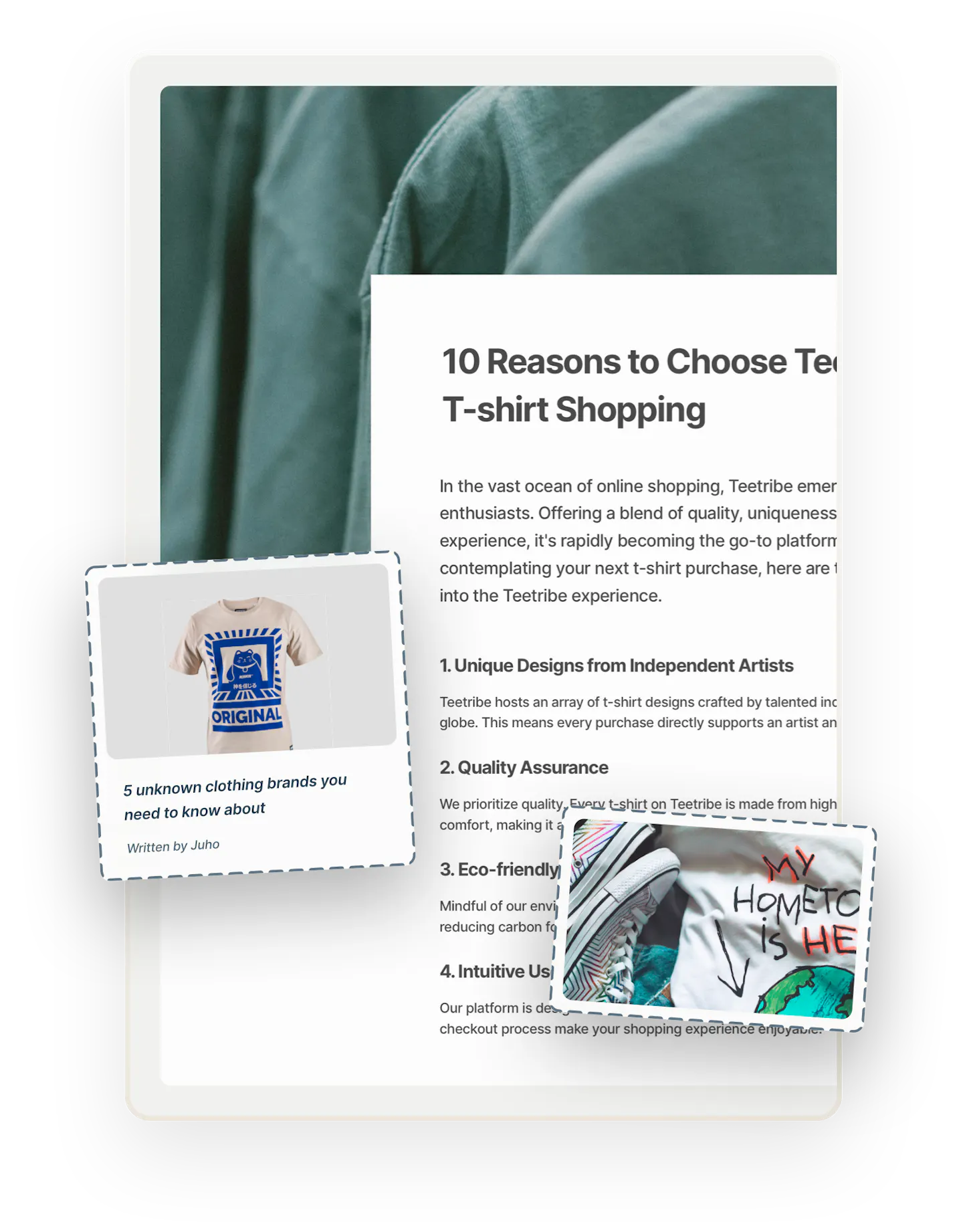 A snapshot of an example blog page titled "10 Reasons to Choose Teetribe for T-shirt Shopping". A blog post thumbnail and an image of a t-shirt detail are overlaid on top.