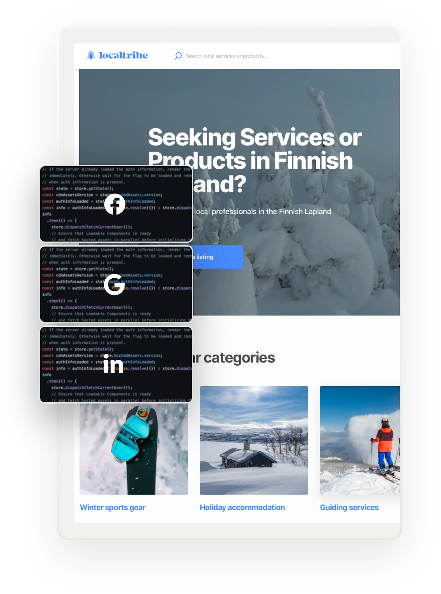 A snapshot of a landing page for Localtribe, a sample marketplace in Finnish Lapland. Overlaid on top are three boxes showing code and a logos for Facebook, Google, and LinkedIn.