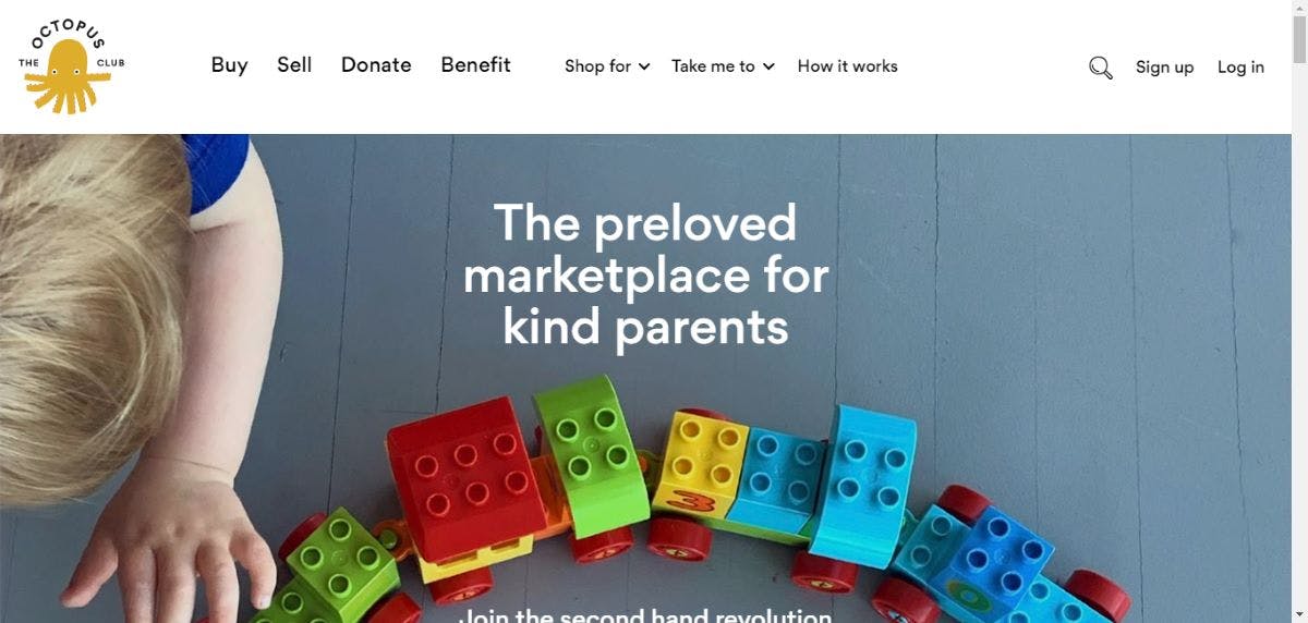 Screenshot of the homepage of The Octopus Club, a two-sided marketplace for parents to buy second hand. 