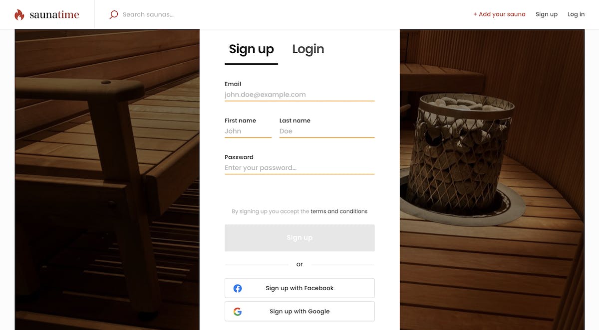 Screenshot of Sharetribe's demo marketplace app illustrating the sign-up form.