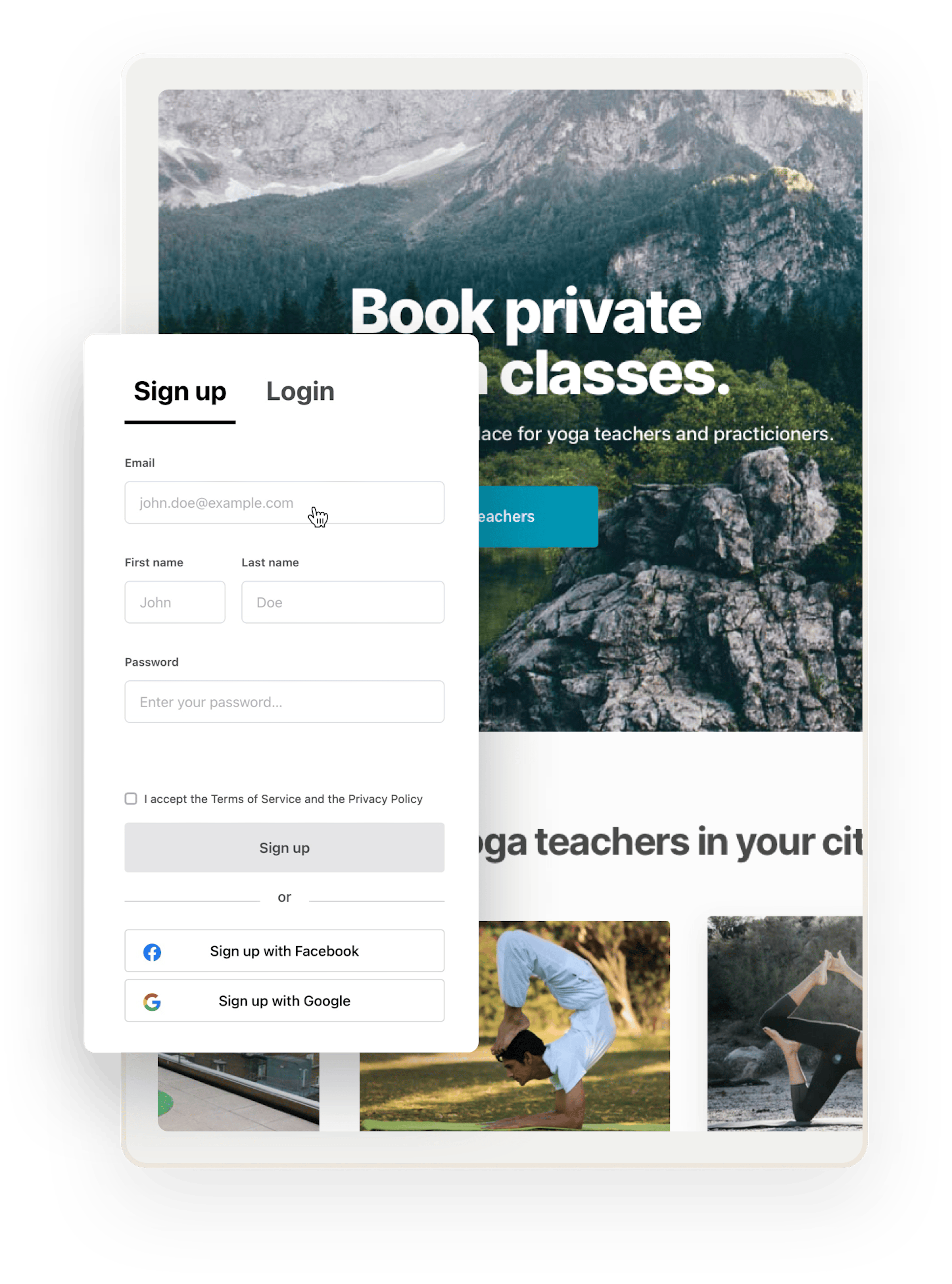 The landing page of a sample marketplace for yoga classes is overlaid with a signup form with fields for email, first and last names, and password. But you can also sign up through Facebook or Google.