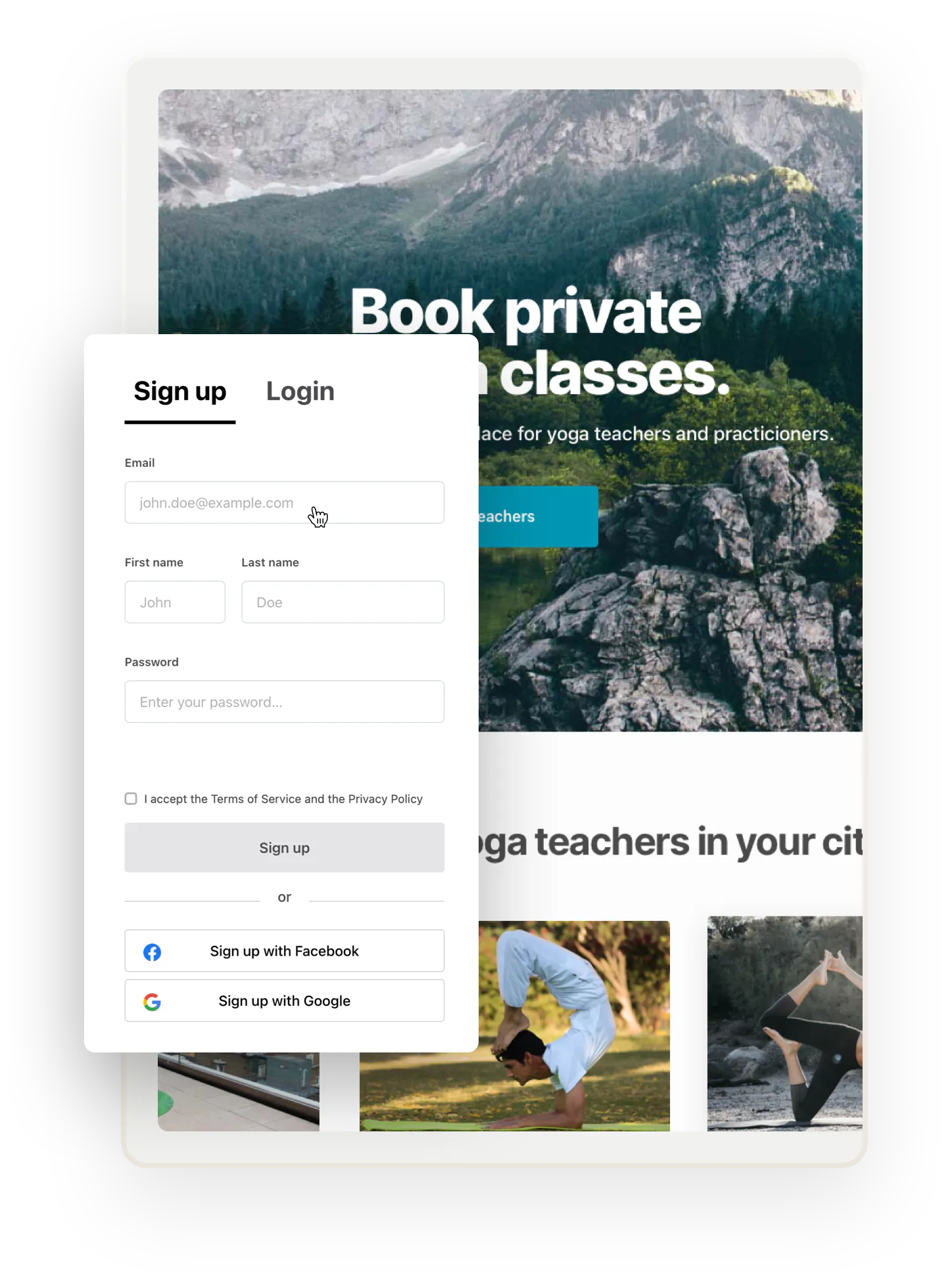 The landing page of a sample marketplace for yoga classes is overlaid with a signup form with fields for email, first and last names, and password. But you can also sign up through Facebook or Google.