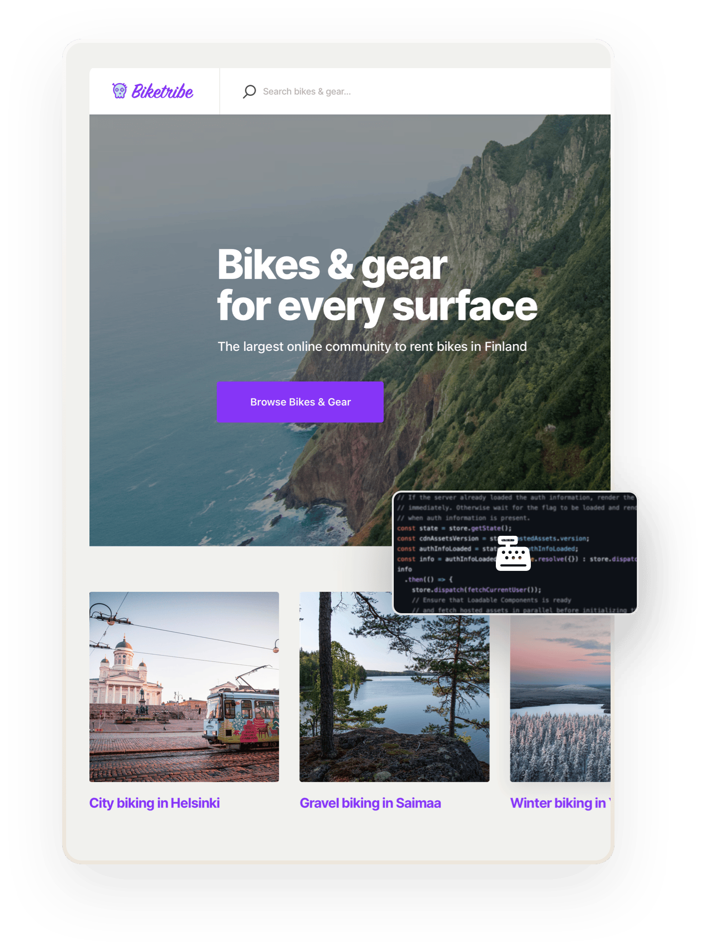 A snapshot of the Biketribe marketplace home page. Overlaid on is a boxe showing code and a cash register symbol.