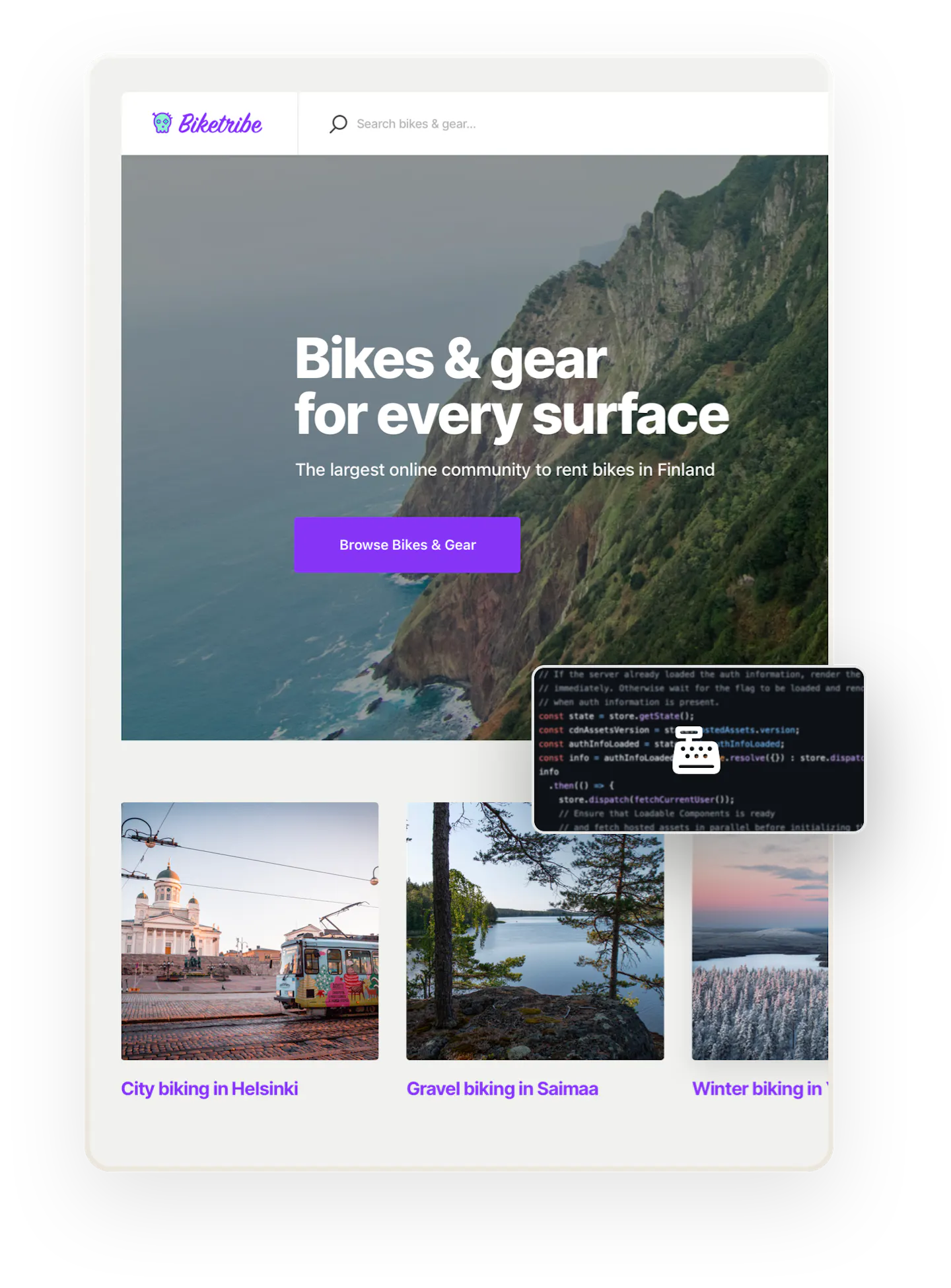 A snapshot of the Biketribe marketplace home page. Overlaid on is a boxe showing code and a cash register symbol.
