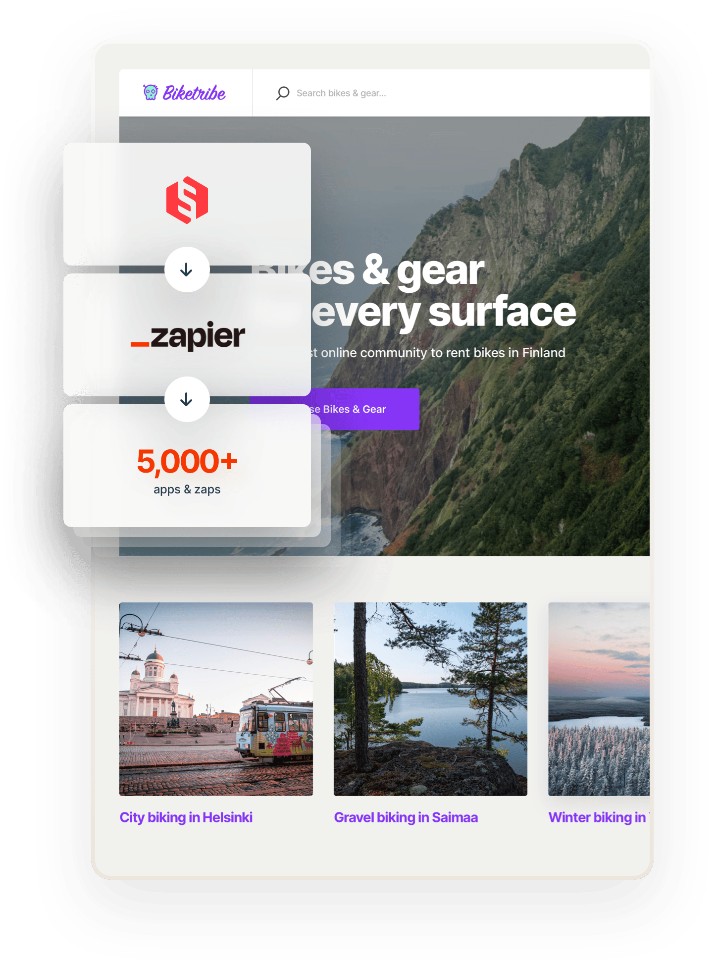Biketribe marketplace home page. Overlaid on top are three boxes connected by arrows. The first box has the Sharetribe logo. The second box has the Zapier logo. The third box says 5000+ apps and zaps.