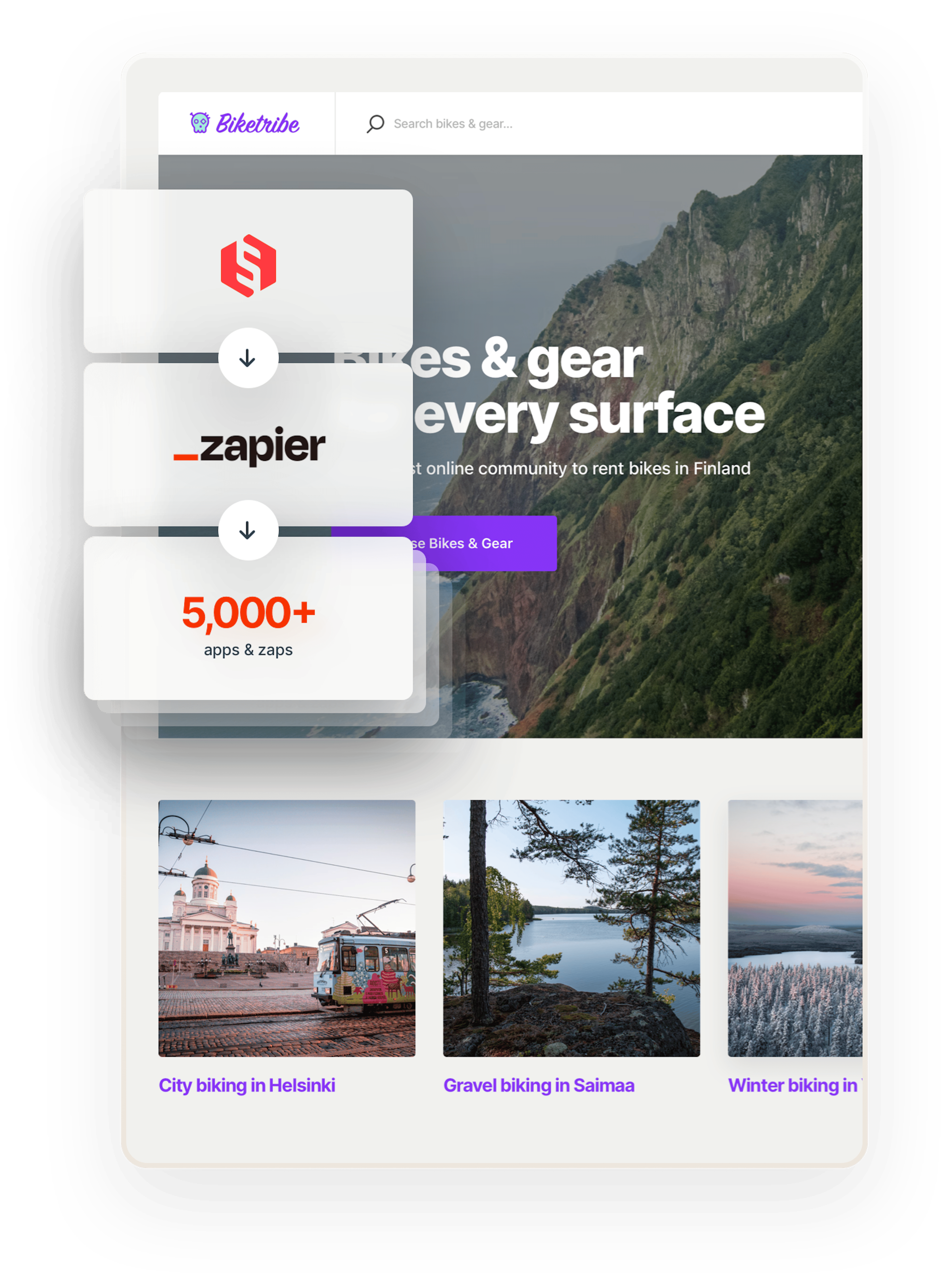 Biketribe marketplace home page. Overlaid on top are three boxes connected by arrows. The first box has the Sharetribe logo. The second box has the Zapier logo. The third box says 5000+ apps and zaps.