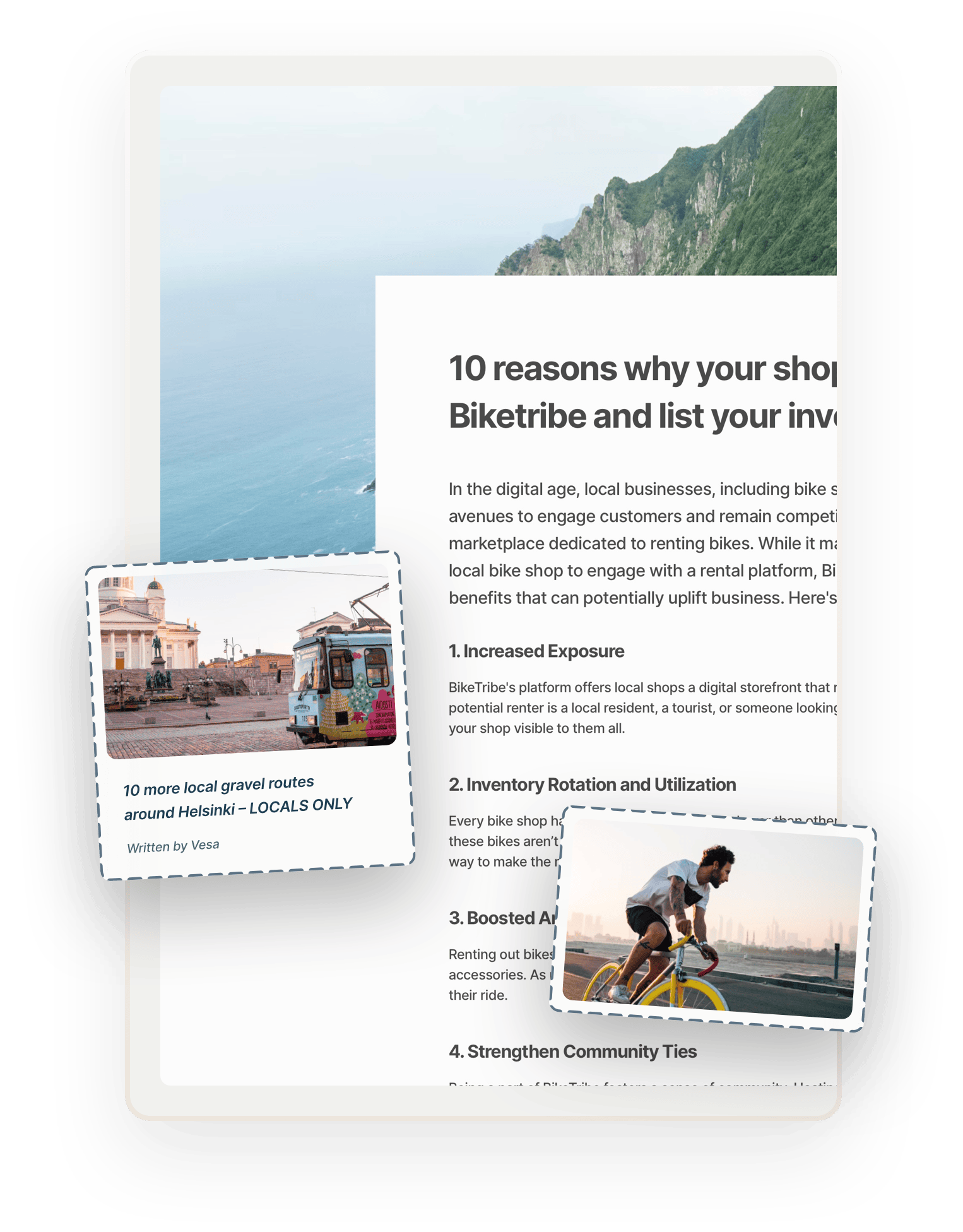 A snapshot of an example blog page titled "10 reasons why your shop should be on Biketribe". A blog thumbnail and an image of a happy biker are overlaid.